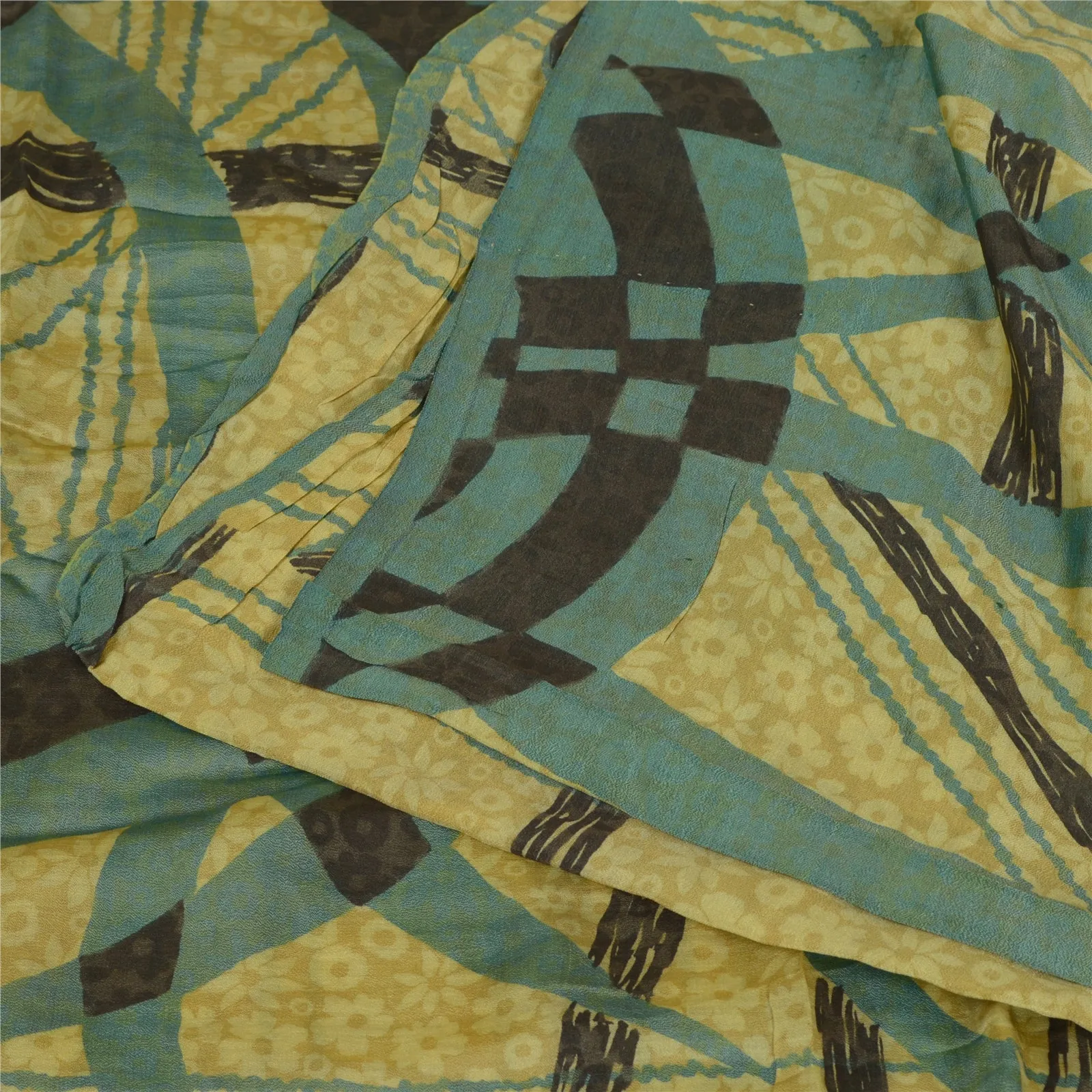 Sanskriti Vintage Sarees Green 100% Pure Silk Abstract Printed Sari Craft Fabric