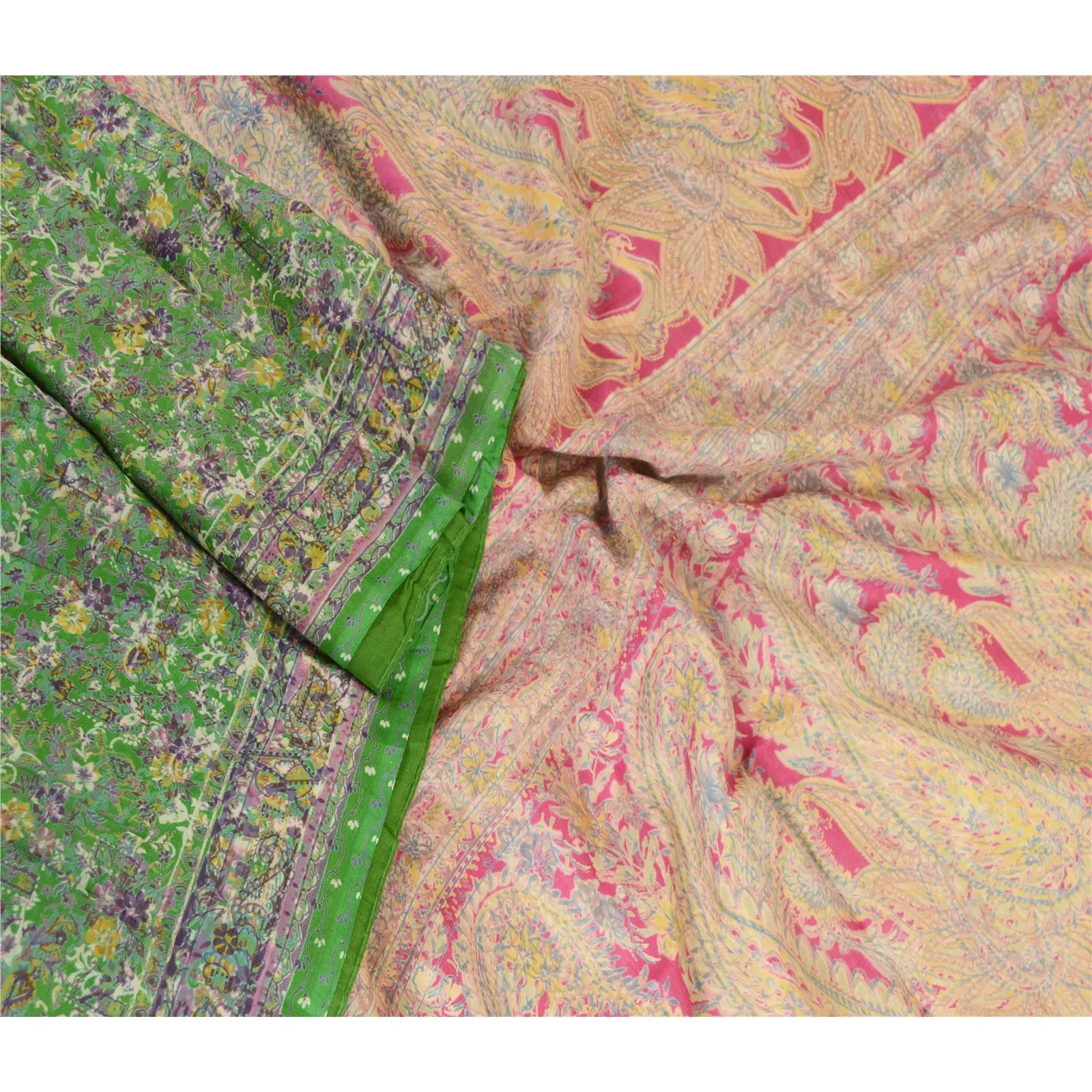 Sanskriti Vintage Sarees Green Blend Silk Printed Sari Floal Soft Craft Fabric