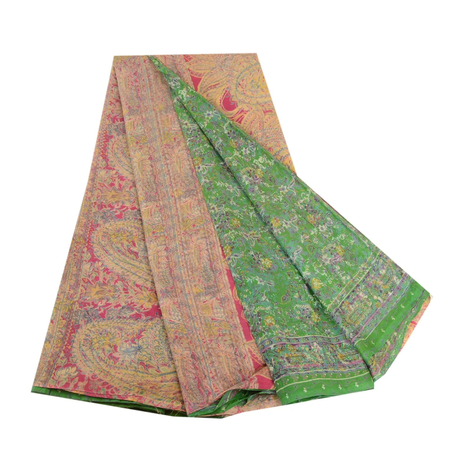 Sanskriti Vintage Sarees Green Blend Silk Printed Sari Floal Soft Craft Fabric