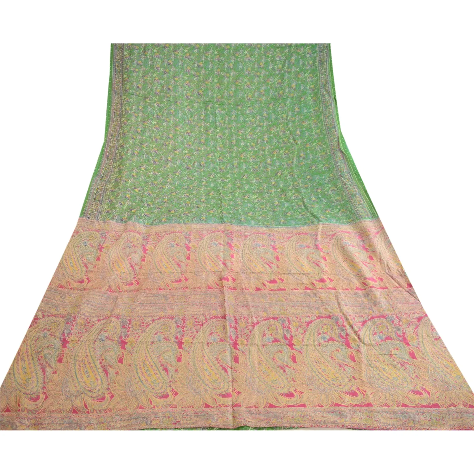 Sanskriti Vintage Sarees Green Blend Silk Printed Sari Floal Soft Craft Fabric