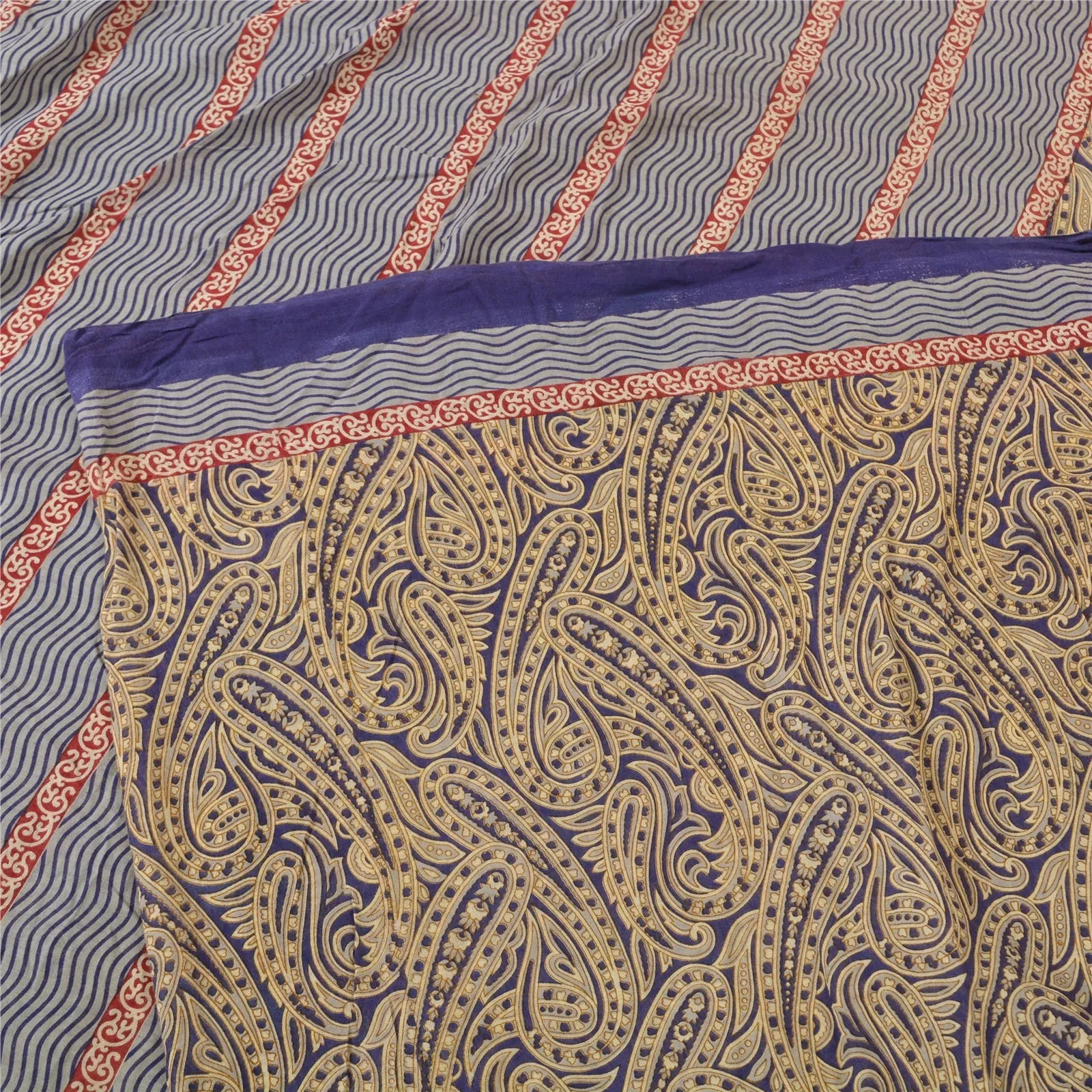 Sanskriti Vintage Sarees Indian Blue Pure Cotton Printed Sari 5yd Craft Fabric