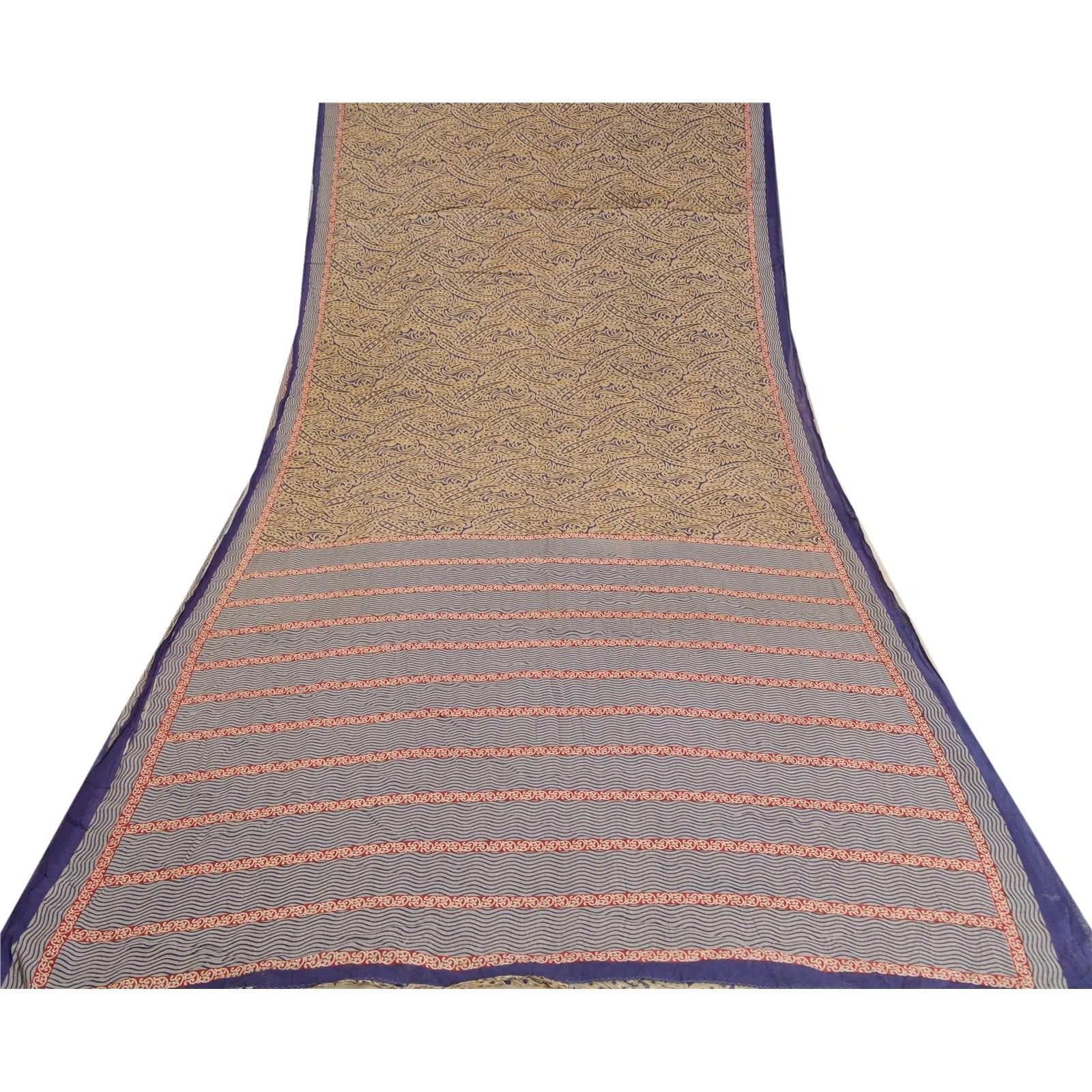 Sanskriti Vintage Sarees Indian Blue Pure Cotton Printed Sari 5yd Craft Fabric