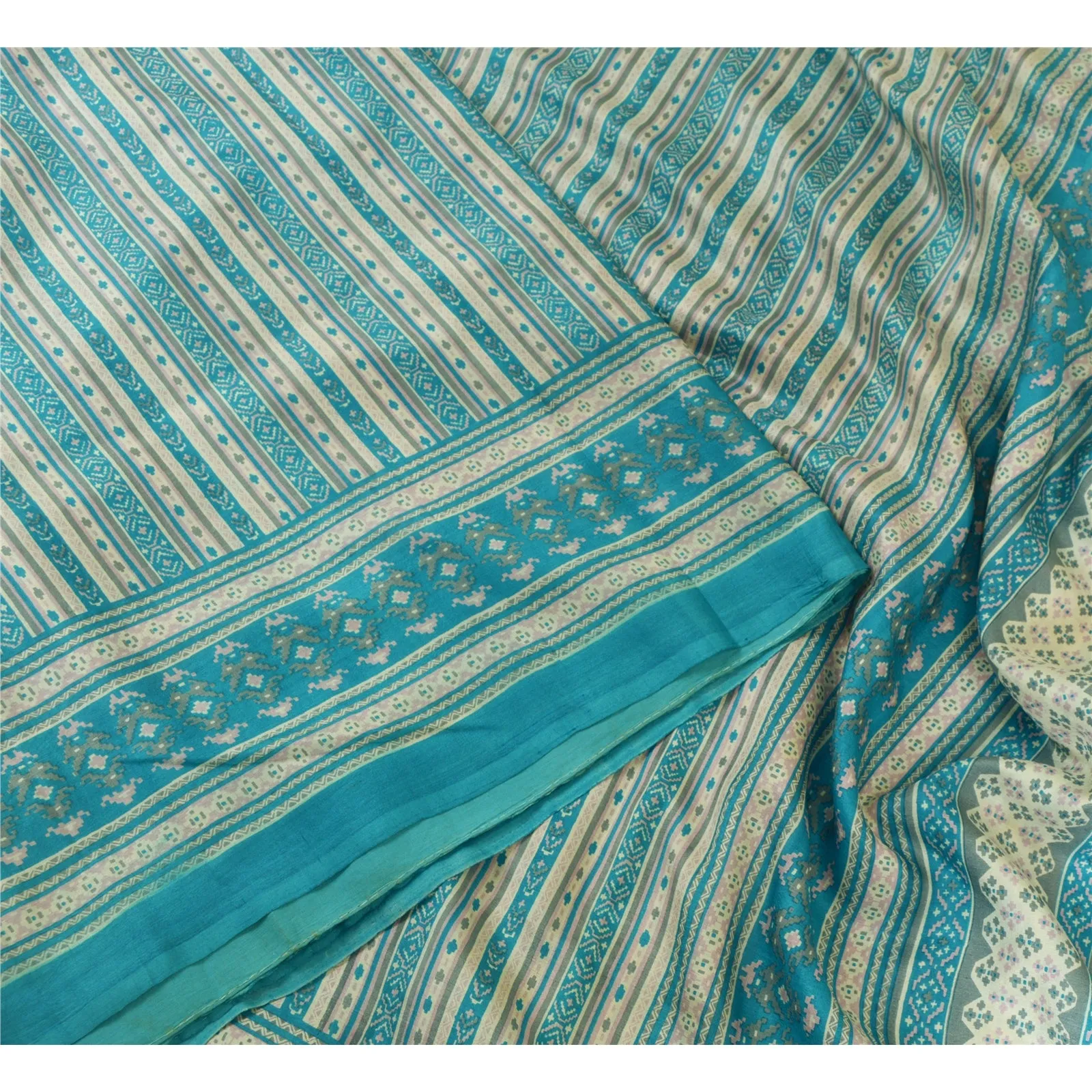 Sanskriti Vintage Sarees Indian Blue Pure Silk Printed Sari Floral Craft Fabric