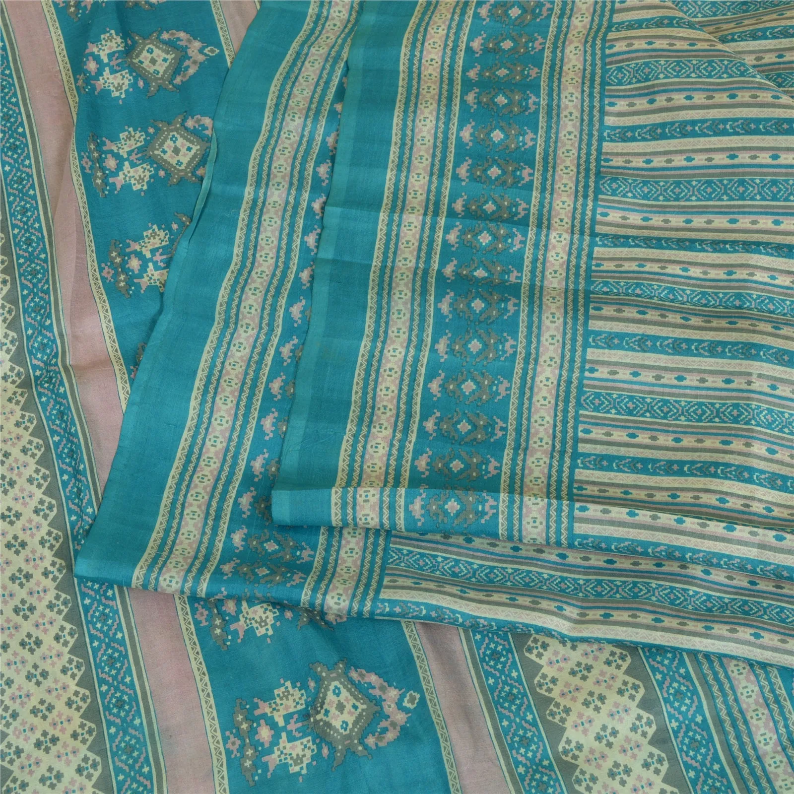 Sanskriti Vintage Sarees Indian Blue Pure Silk Printed Sari Floral Craft Fabric