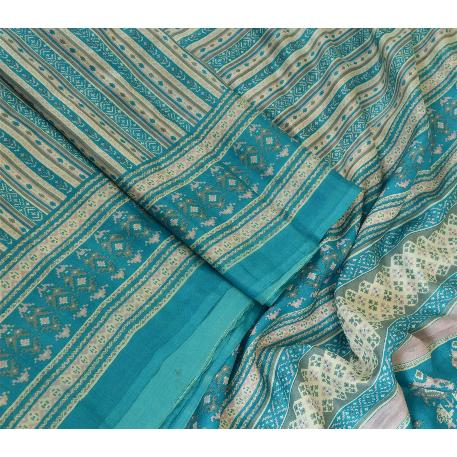 Sanskriti Vintage Sarees Indian Blue Pure Silk Printed Sari Floral Craft Fabric