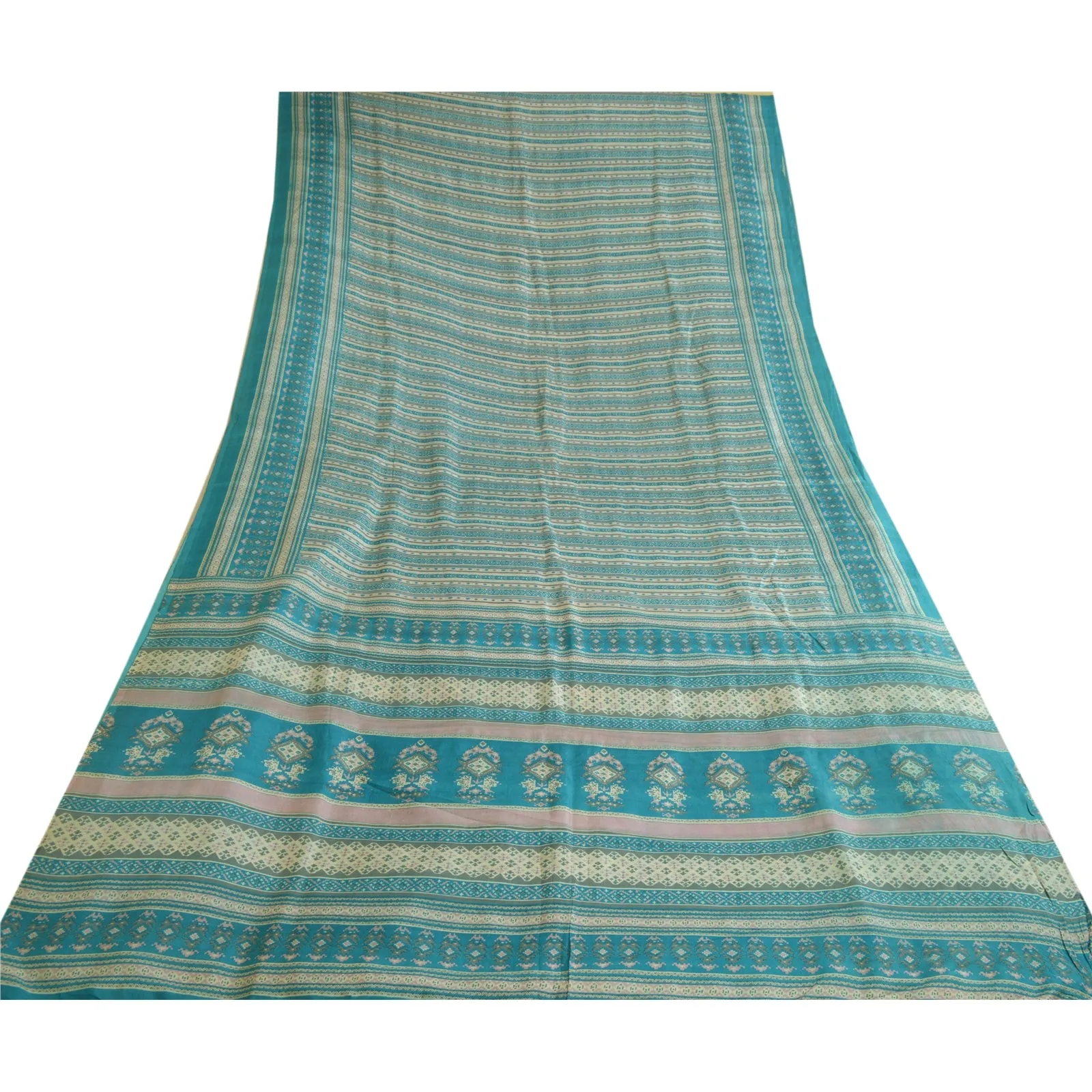 Sanskriti Vintage Sarees Indian Blue Pure Silk Printed Sari Floral Craft Fabric