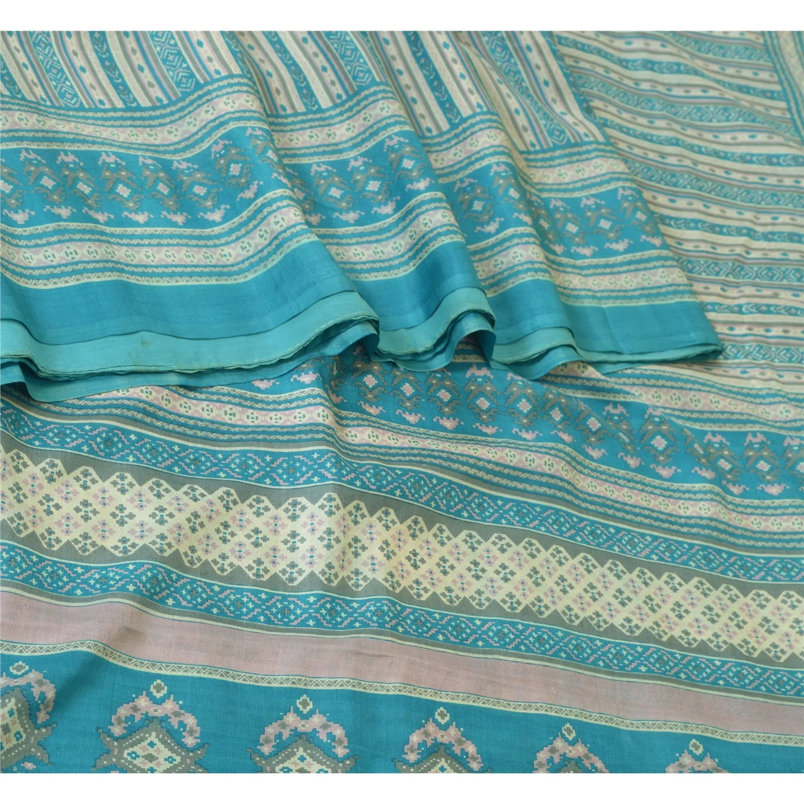 Sanskriti Vintage Sarees Indian Blue Pure Silk Printed Sari Floral Craft Fabric