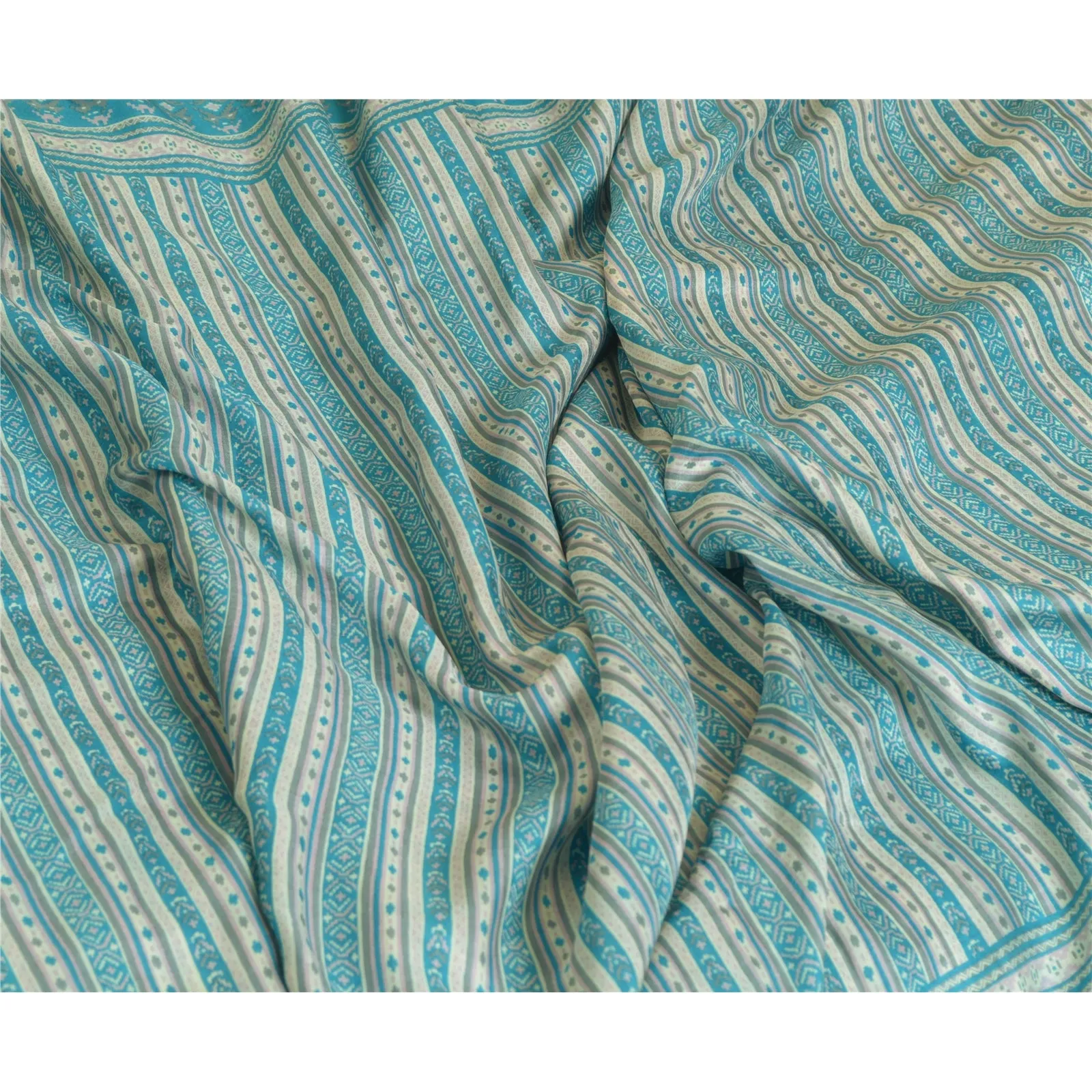 Sanskriti Vintage Sarees Indian Blue Pure Silk Printed Sari Floral Craft Fabric