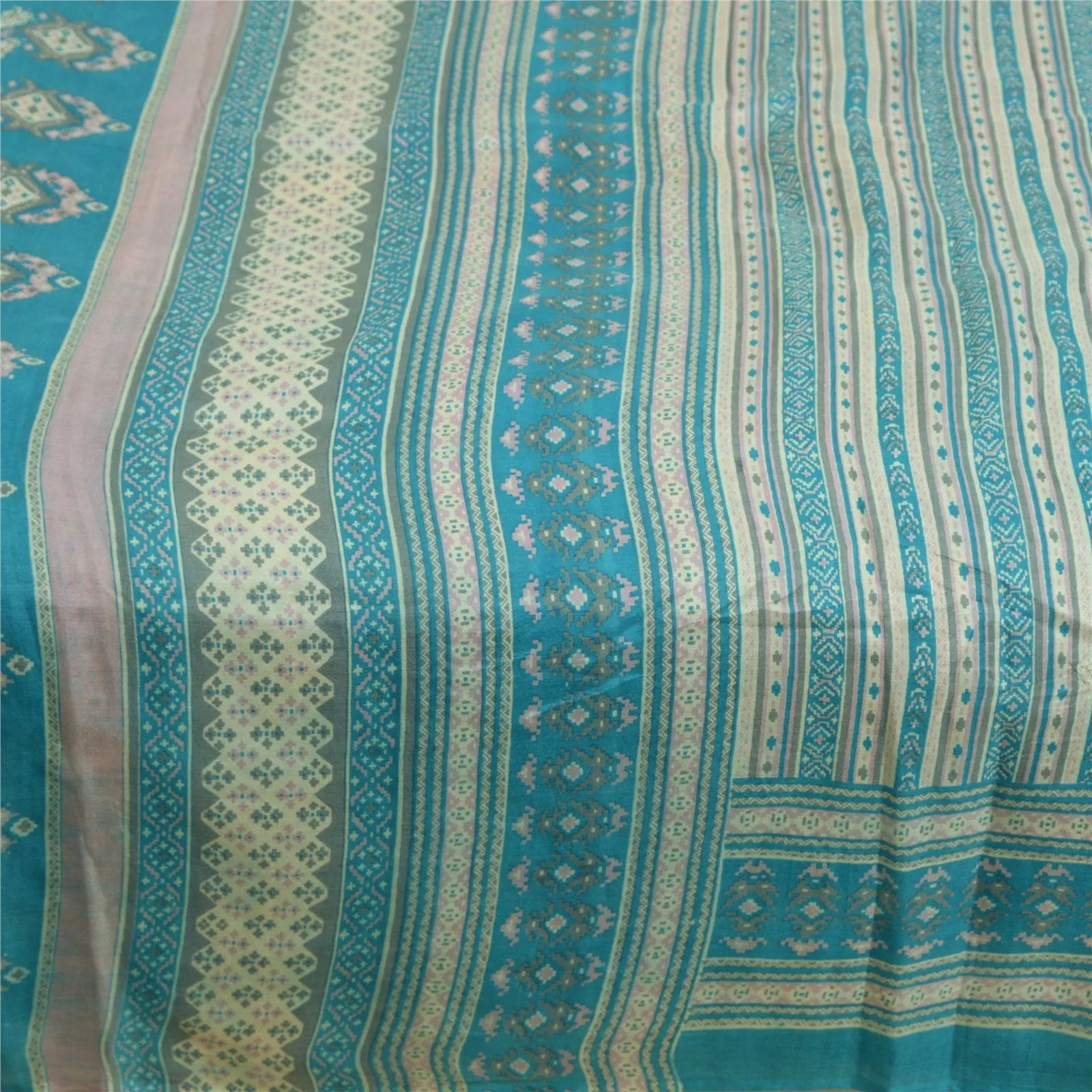 Sanskriti Vintage Sarees Indian Blue Pure Silk Printed Sari Floral Craft Fabric