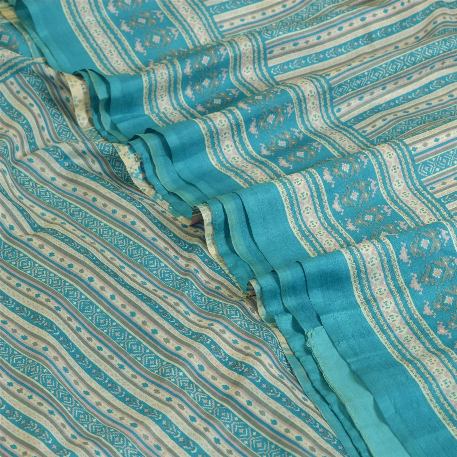 Sanskriti Vintage Sarees Indian Blue Pure Silk Printed Sari Floral Craft Fabric