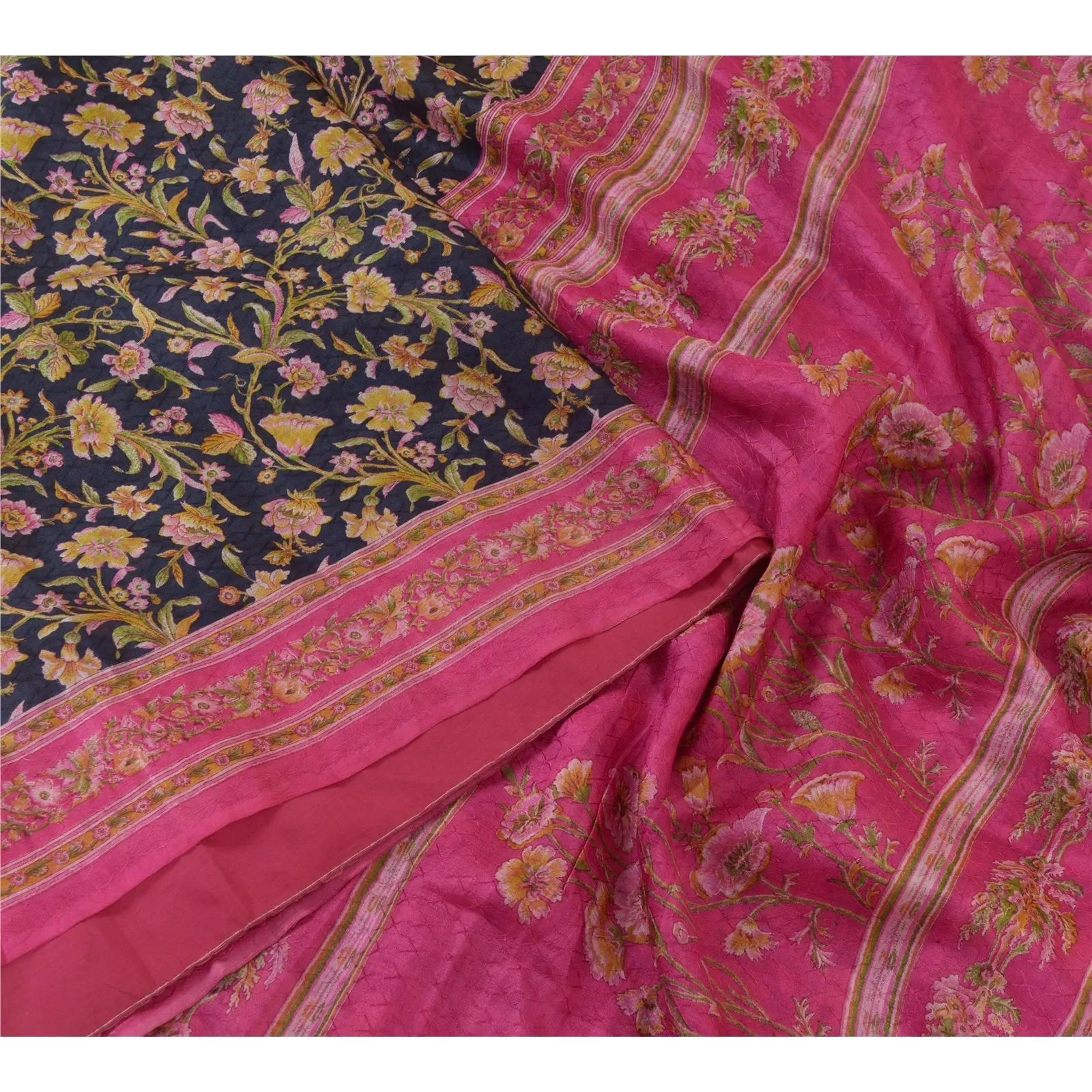 Sanskriti Vintage Sarees Indian Blue/Pink Pure Silk Printed Sari Craft Fabric