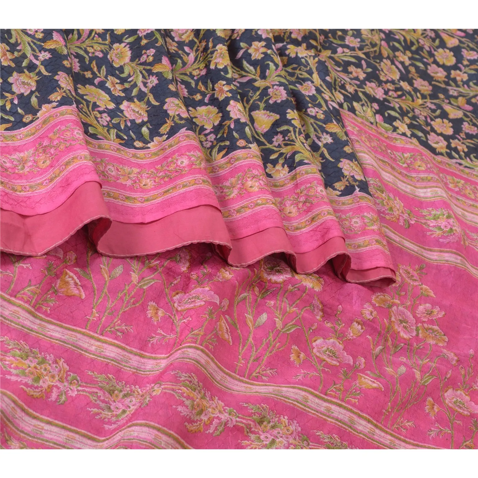 Sanskriti Vintage Sarees Indian Blue/Pink Pure Silk Printed Sari Craft Fabric