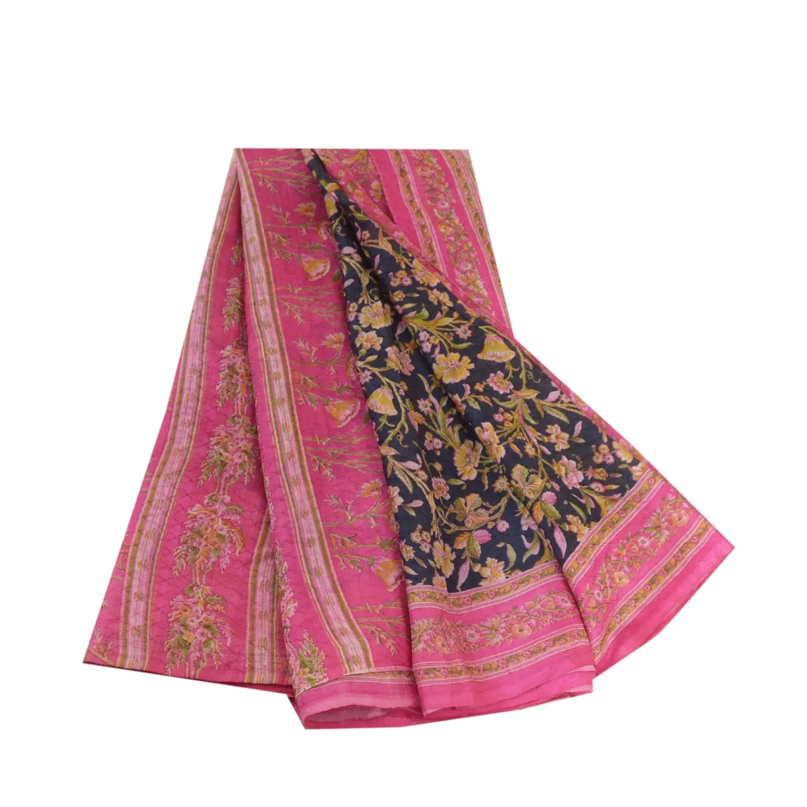 Sanskriti Vintage Sarees Indian Blue/Pink Pure Silk Printed Sari Craft Fabric