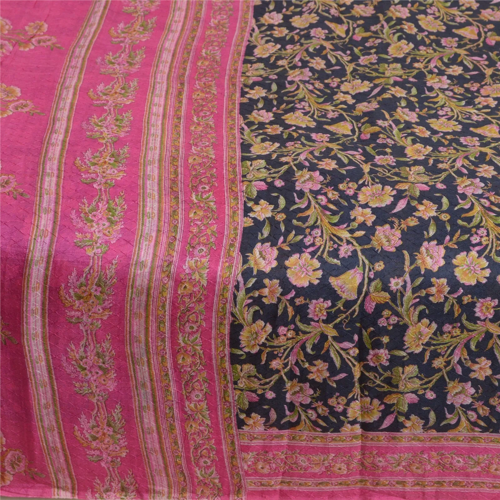 Sanskriti Vintage Sarees Indian Blue/Pink Pure Silk Printed Sari Craft Fabric