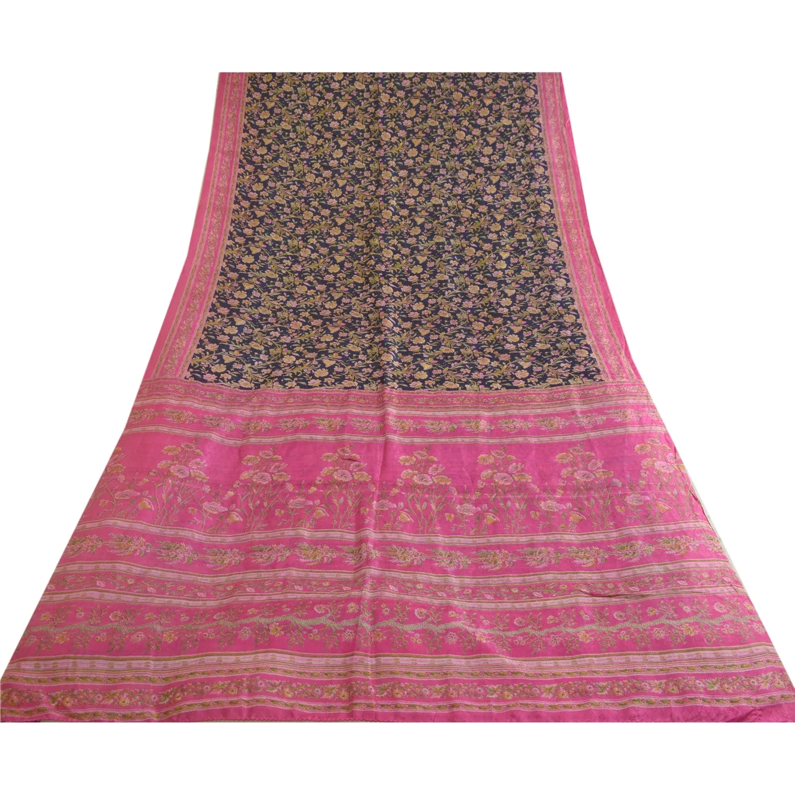 Sanskriti Vintage Sarees Indian Blue/Pink Pure Silk Printed Sari Craft Fabric