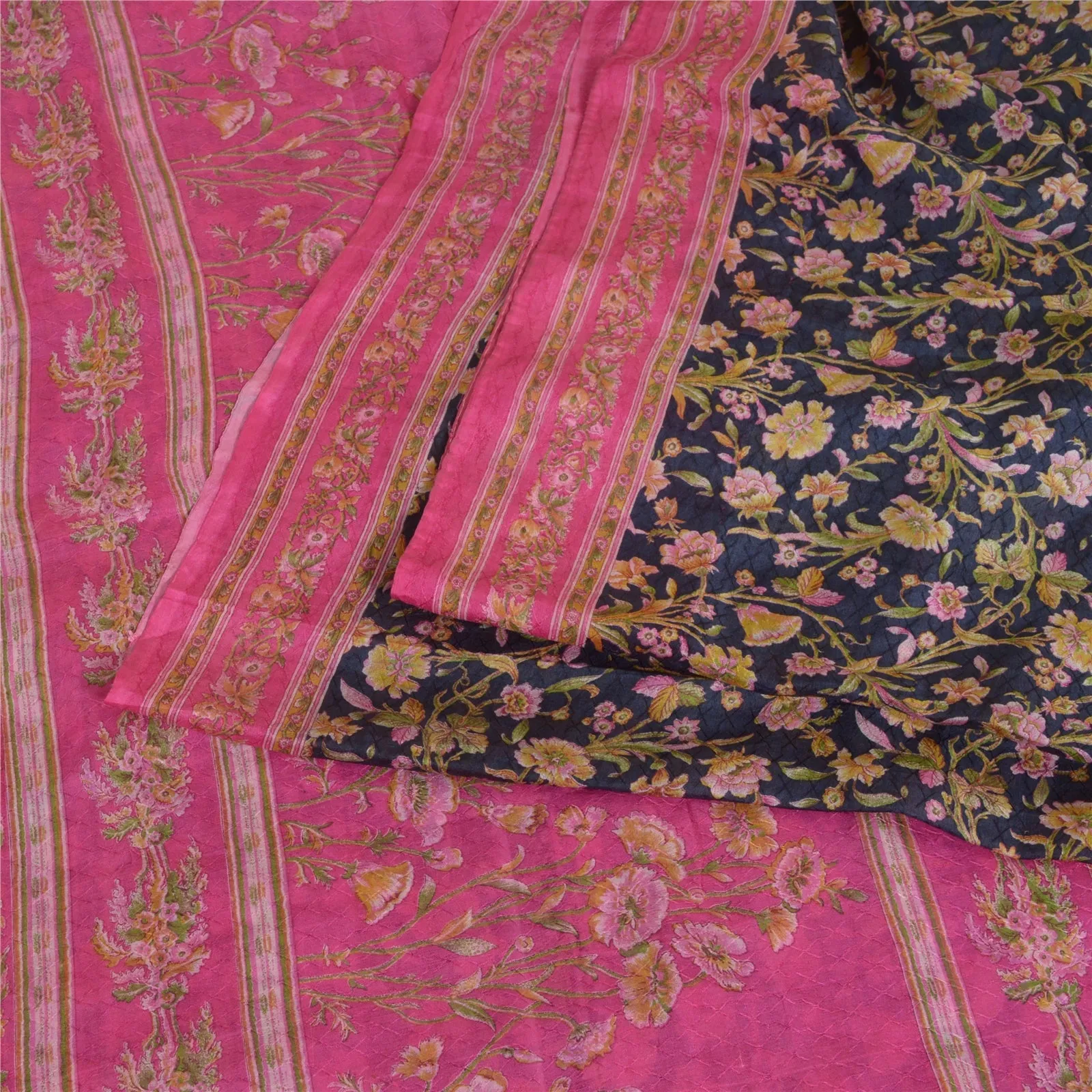 Sanskriti Vintage Sarees Indian Blue/Pink Pure Silk Printed Sari Craft Fabric