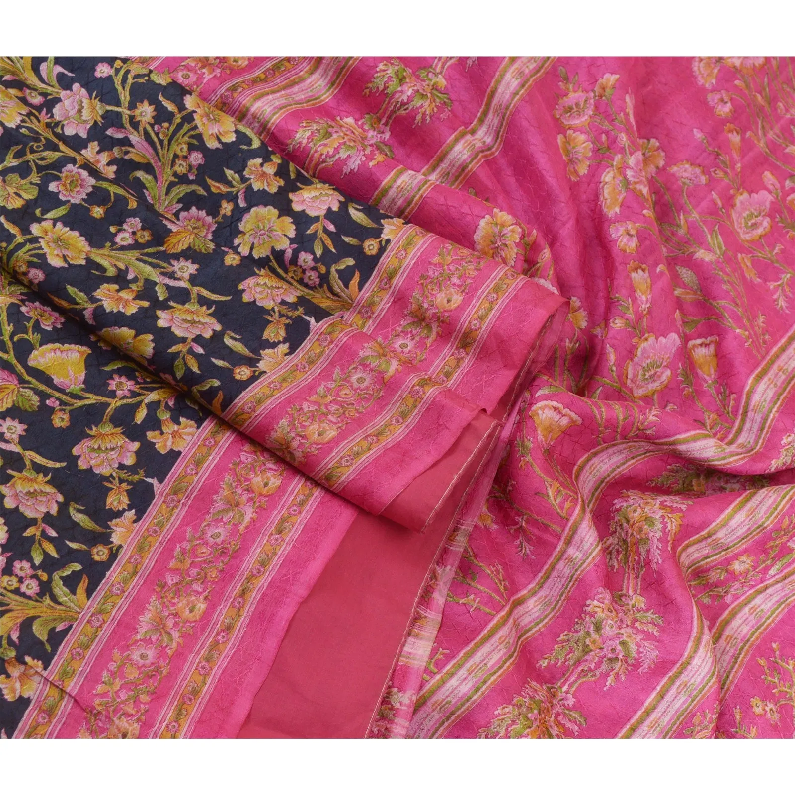 Sanskriti Vintage Sarees Indian Blue/Pink Pure Silk Printed Sari Craft Fabric