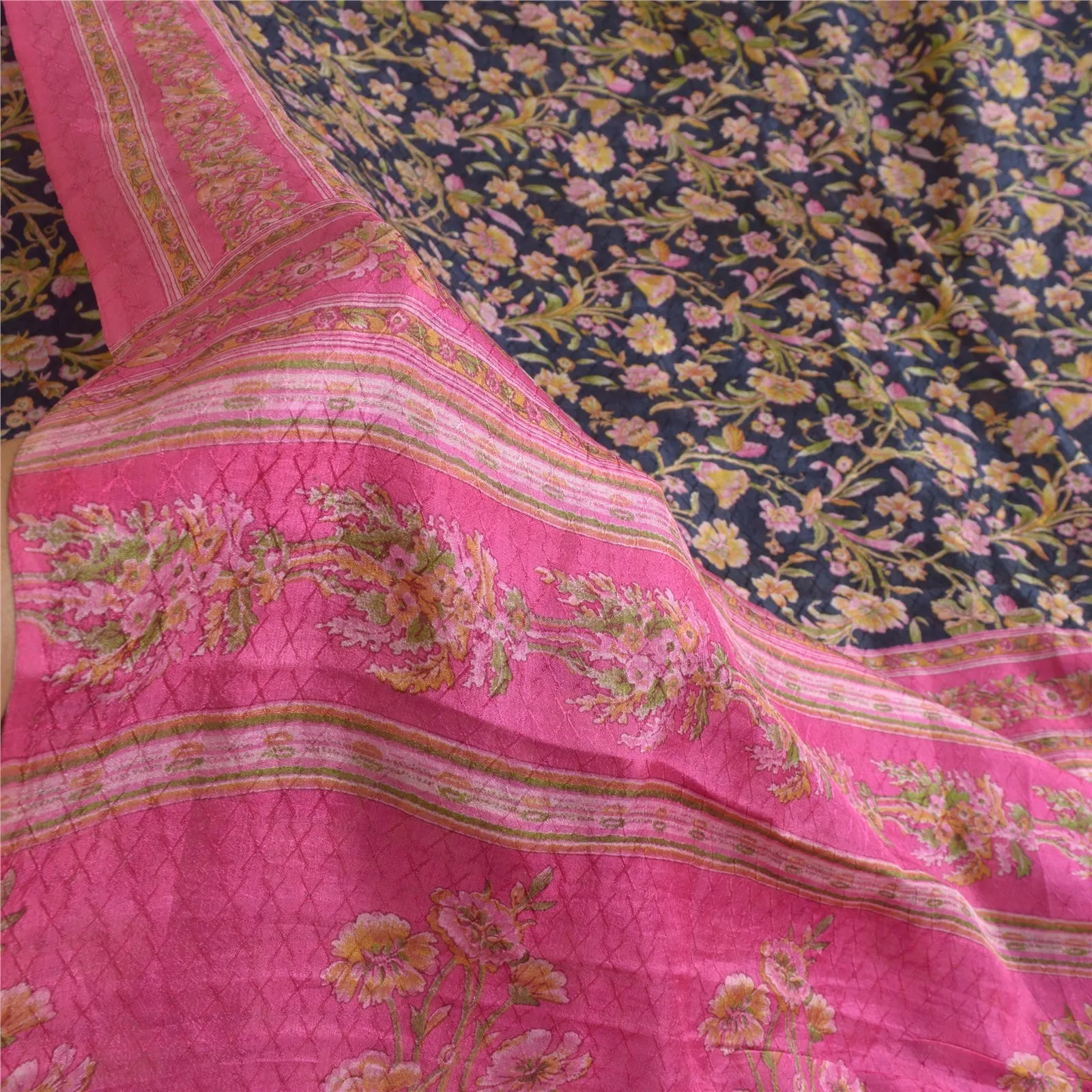 Sanskriti Vintage Sarees Indian Blue/Pink Pure Silk Printed Sari Craft Fabric