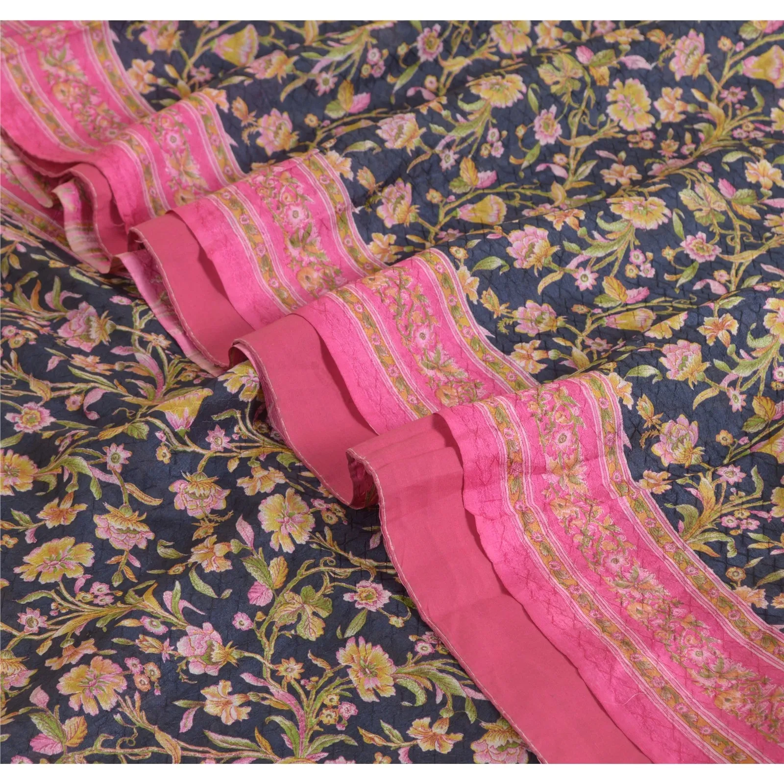 Sanskriti Vintage Sarees Indian Blue/Pink Pure Silk Printed Sari Craft Fabric