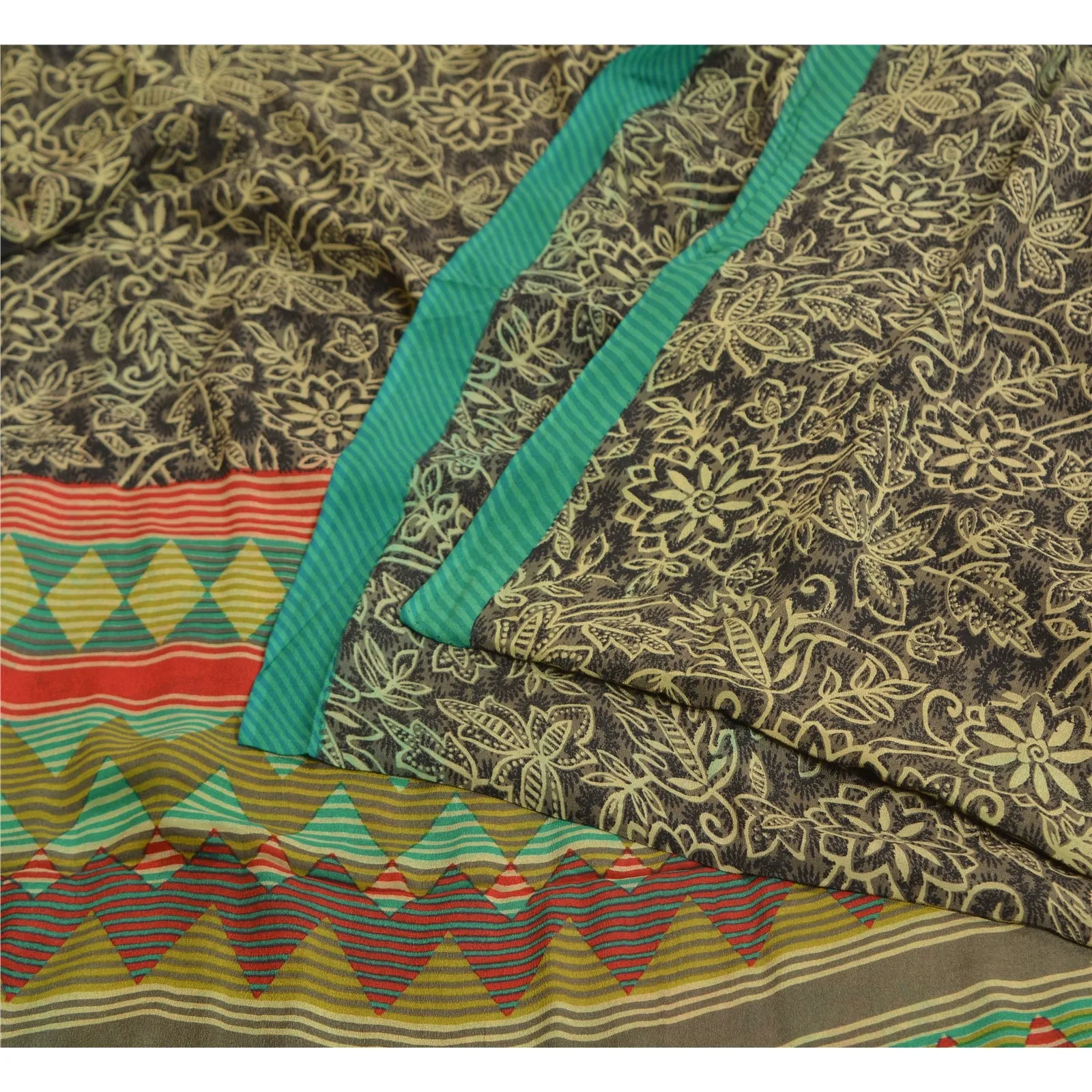 Sanskriti Vintage Sarees Indian Green Printed Pure Crepe Silk Sari Craft Fabric