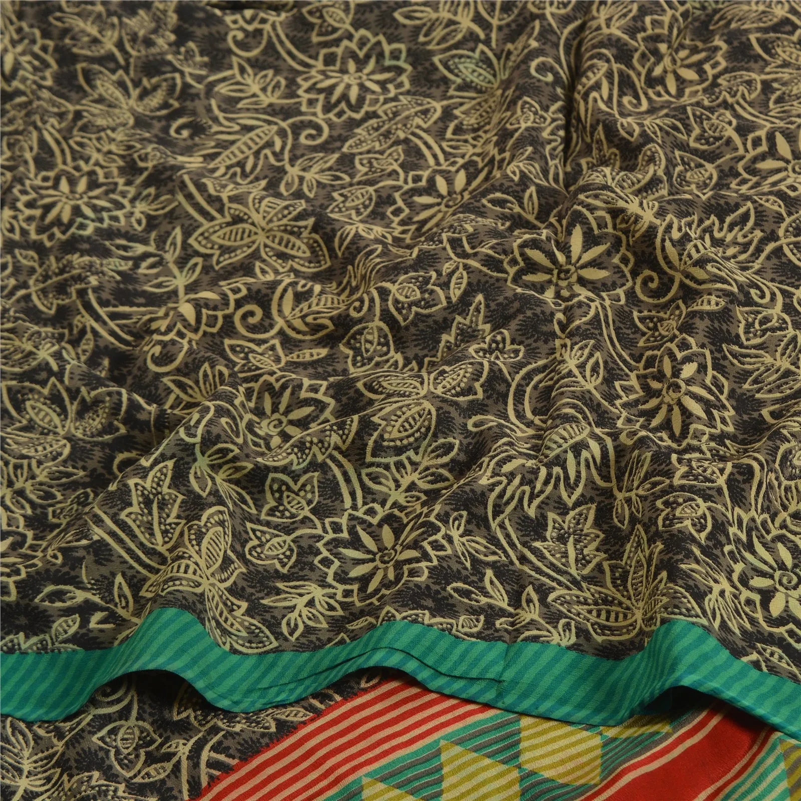 Sanskriti Vintage Sarees Indian Green Printed Pure Crepe Silk Sari Craft Fabric