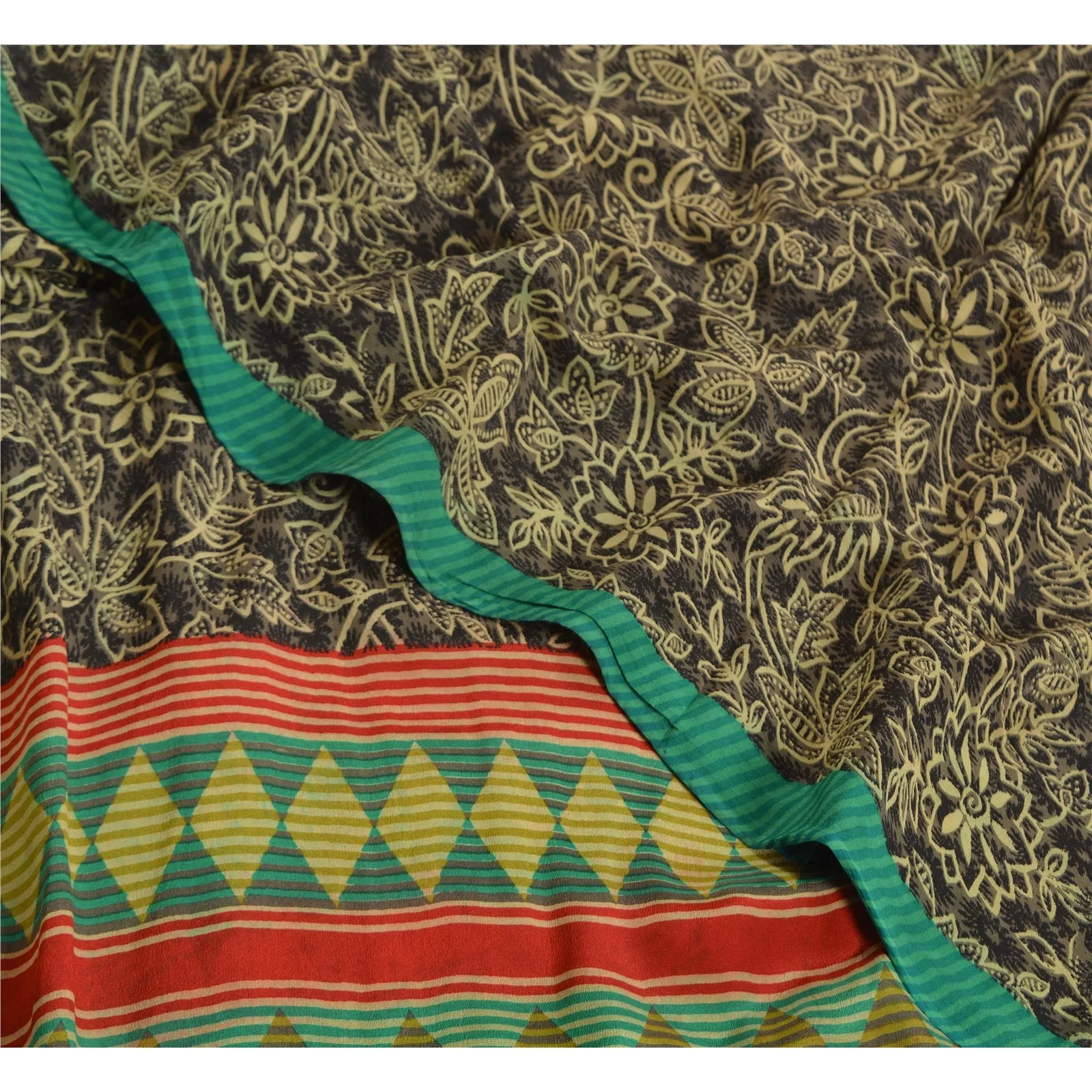 Sanskriti Vintage Sarees Indian Green Printed Pure Crepe Silk Sari Craft Fabric