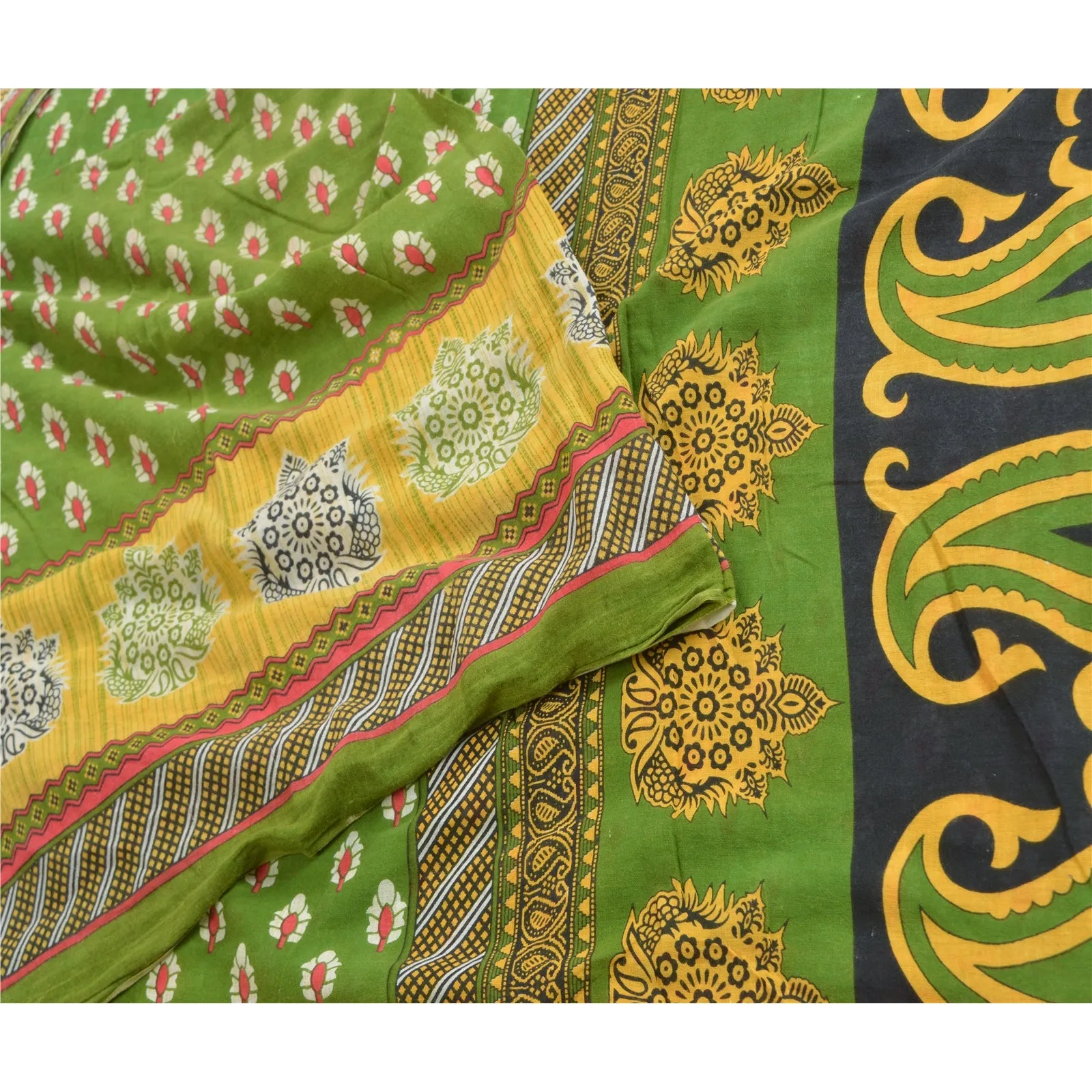 Sanskriti Vintage Sarees Indian Green Pure Cotton Printed Sari Soft Craft Fabric