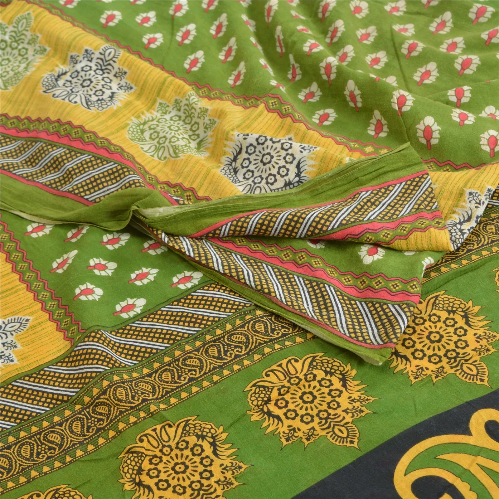 Sanskriti Vintage Sarees Indian Green Pure Cotton Printed Sari Soft Craft Fabric