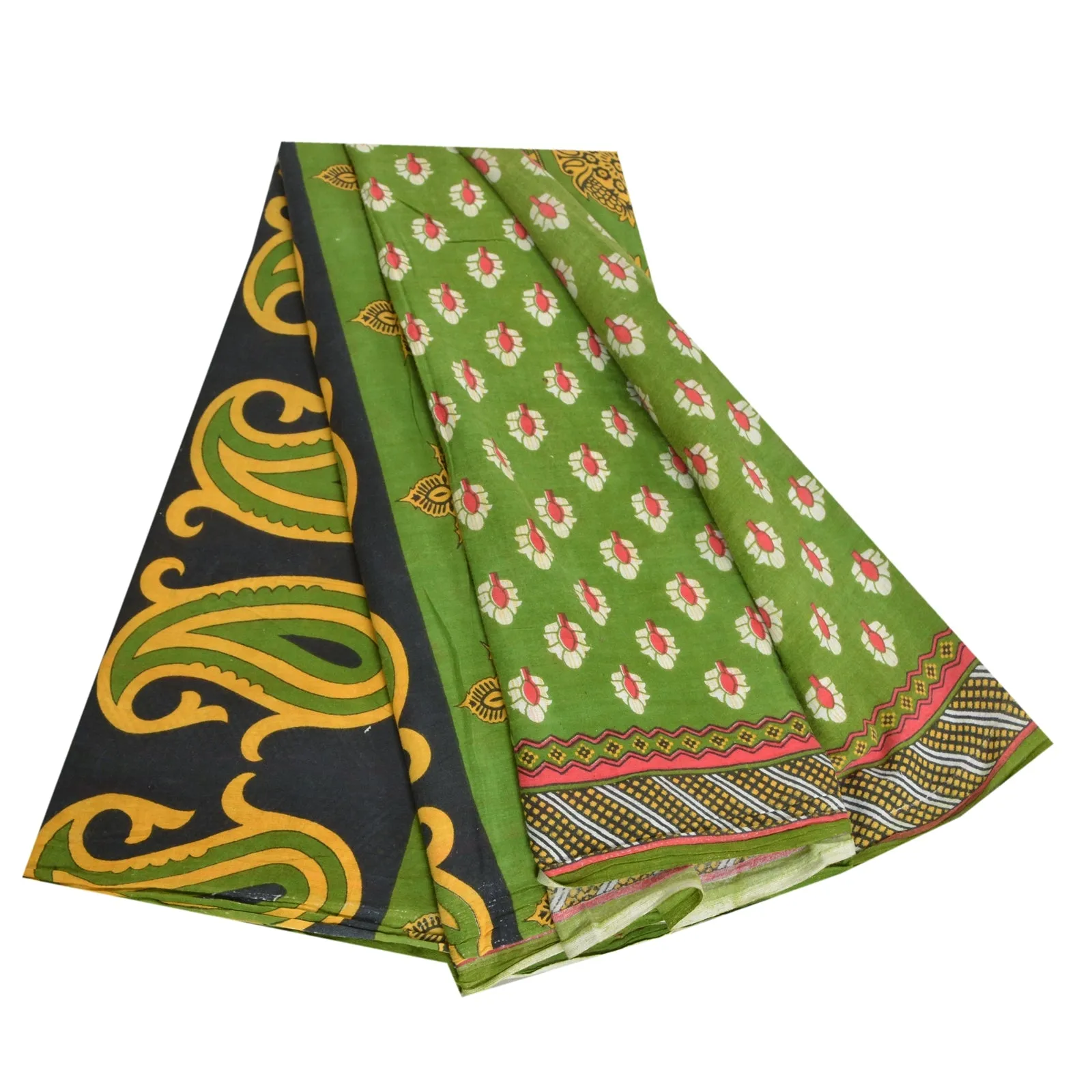 Sanskriti Vintage Sarees Indian Green Pure Cotton Printed Sari Soft Craft Fabric