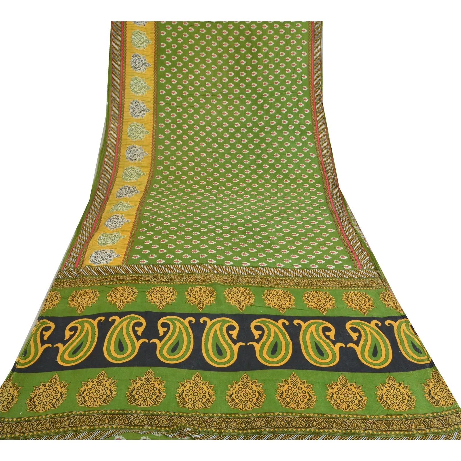 Sanskriti Vintage Sarees Indian Green Pure Cotton Printed Sari Soft Craft Fabric