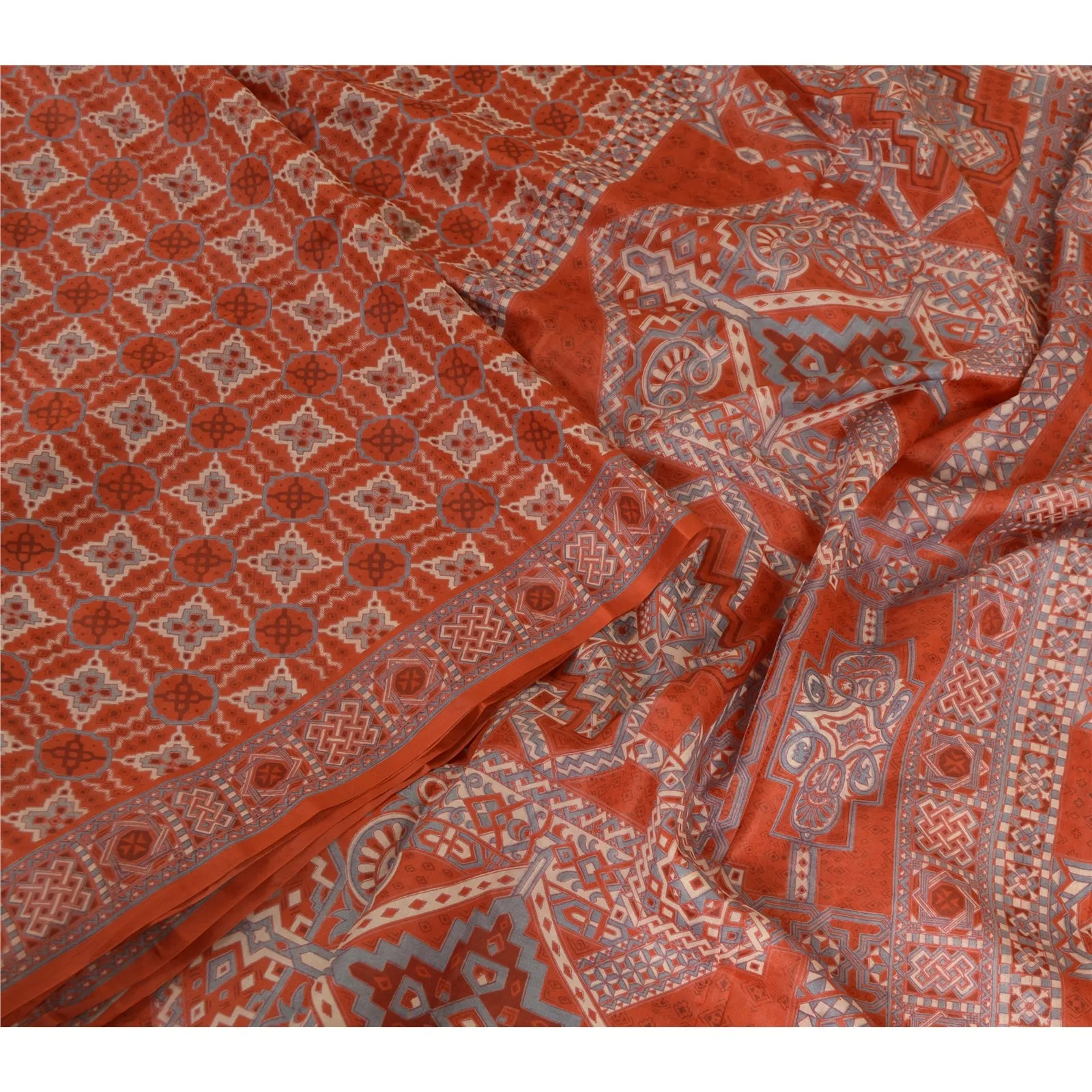 Sanskriti Vintage Sarees Indian Orange 100% Pure Silk Printed Sari Craft Fabric