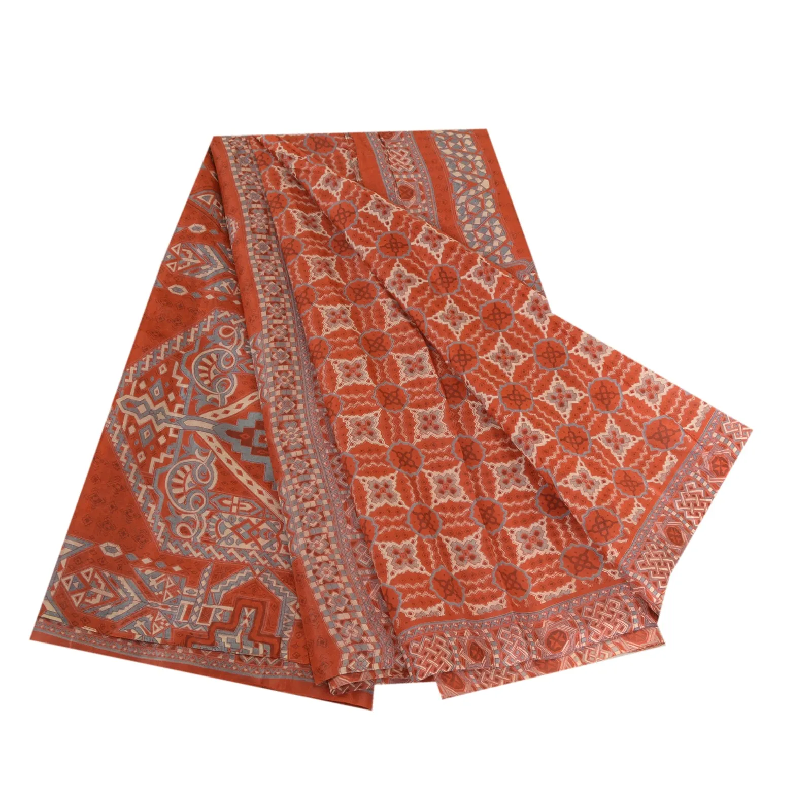 Sanskriti Vintage Sarees Indian Orange 100% Pure Silk Printed Sari Craft Fabric