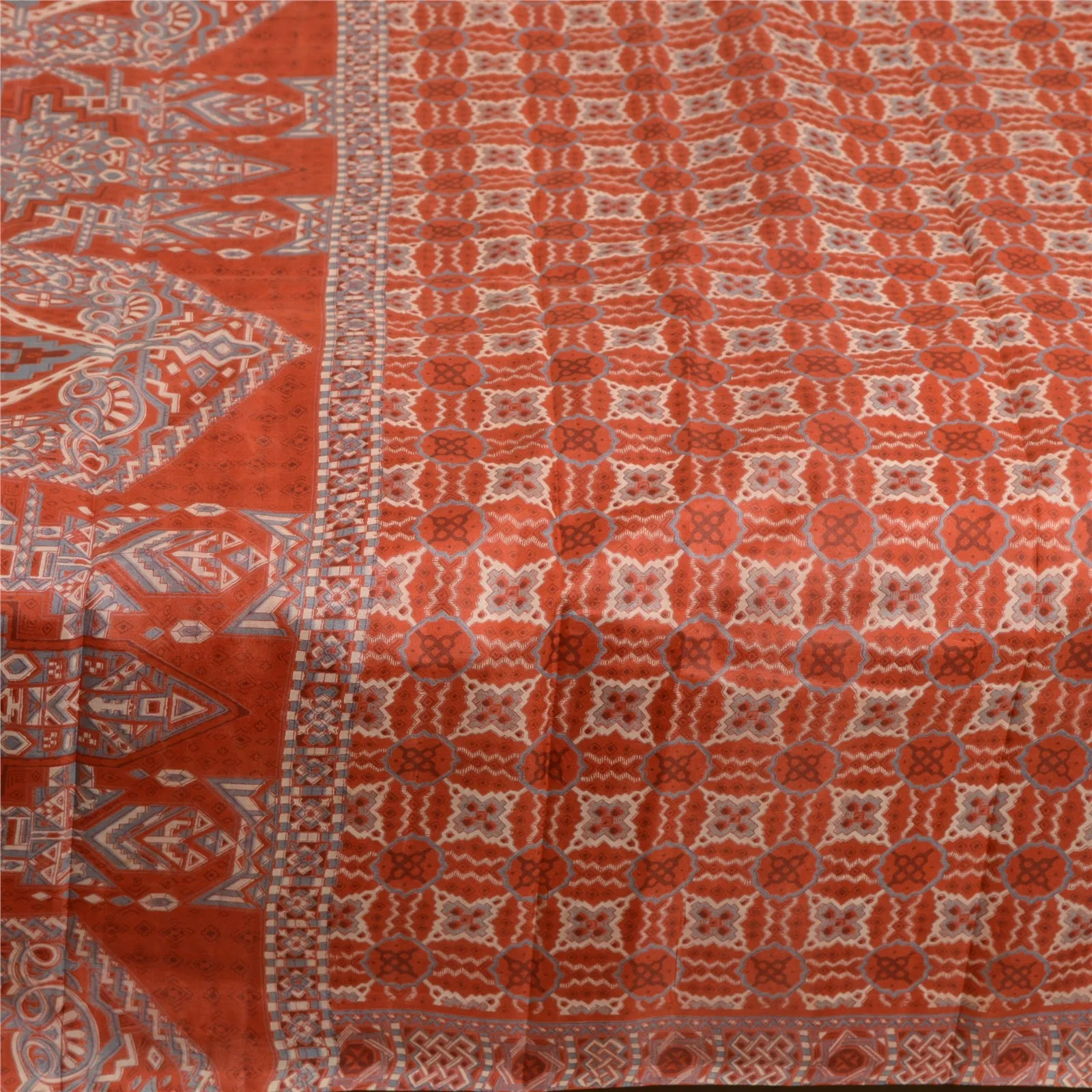 Sanskriti Vintage Sarees Indian Orange 100% Pure Silk Printed Sari Craft Fabric