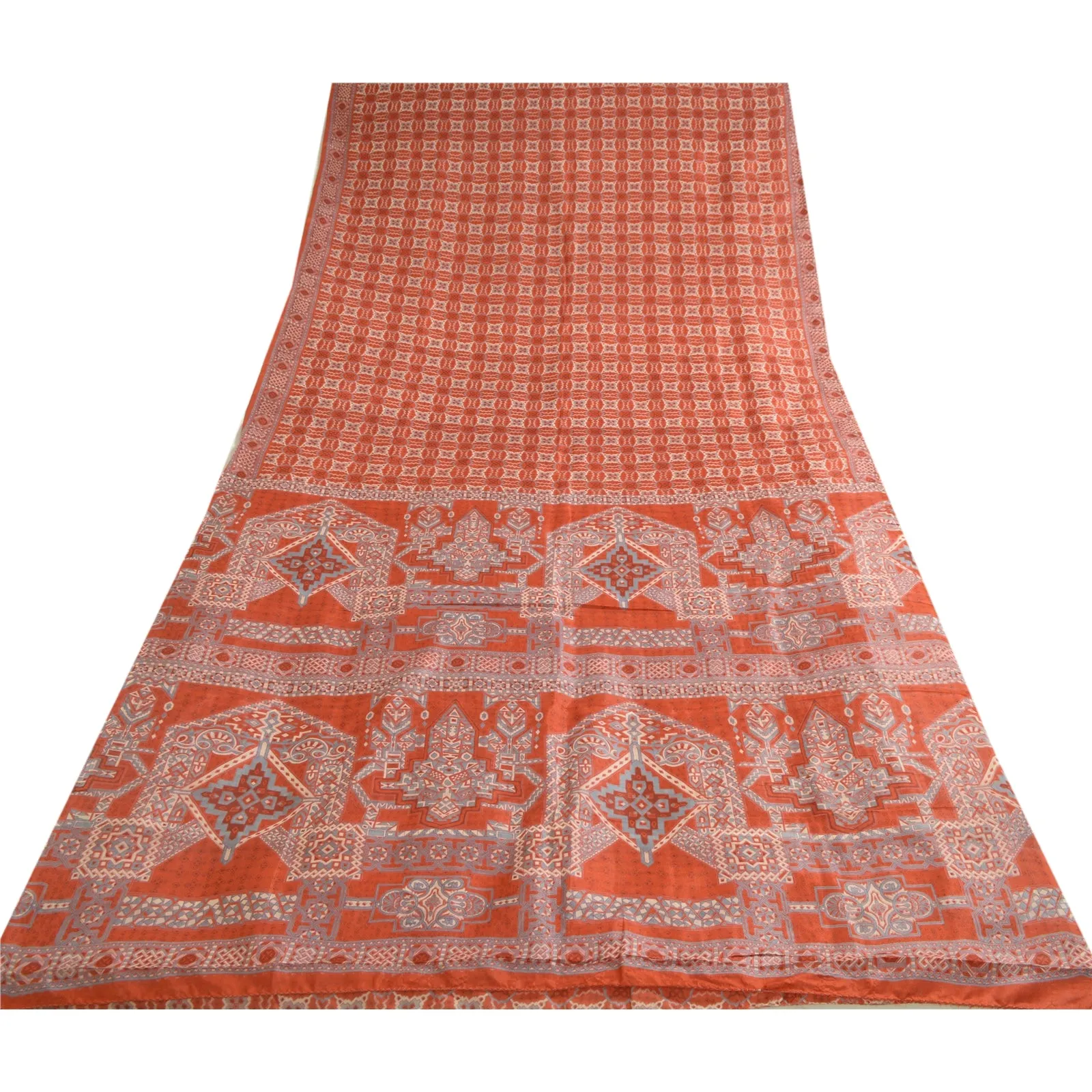 Sanskriti Vintage Sarees Indian Orange 100% Pure Silk Printed Sari Craft Fabric