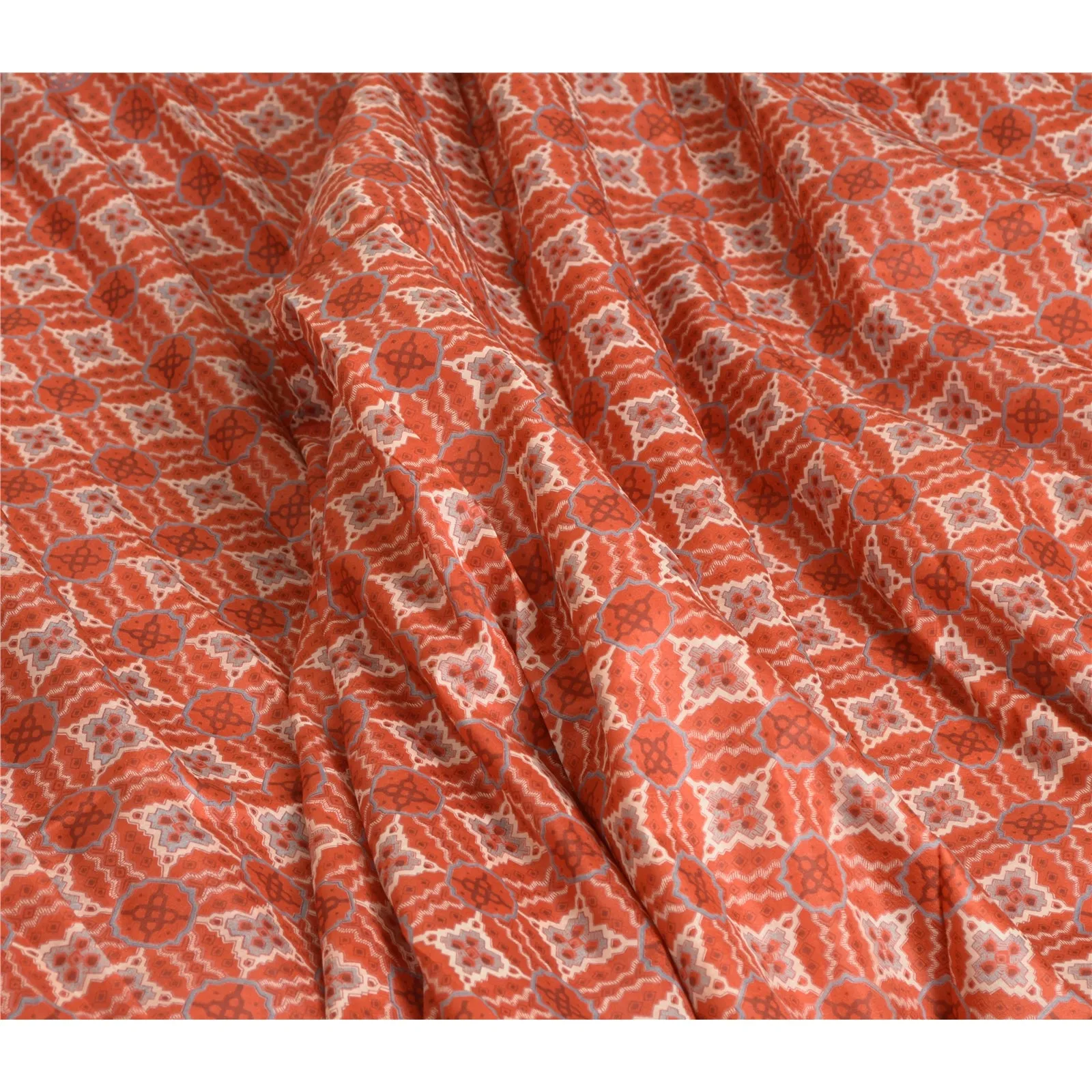 Sanskriti Vintage Sarees Indian Orange 100% Pure Silk Printed Sari Craft Fabric