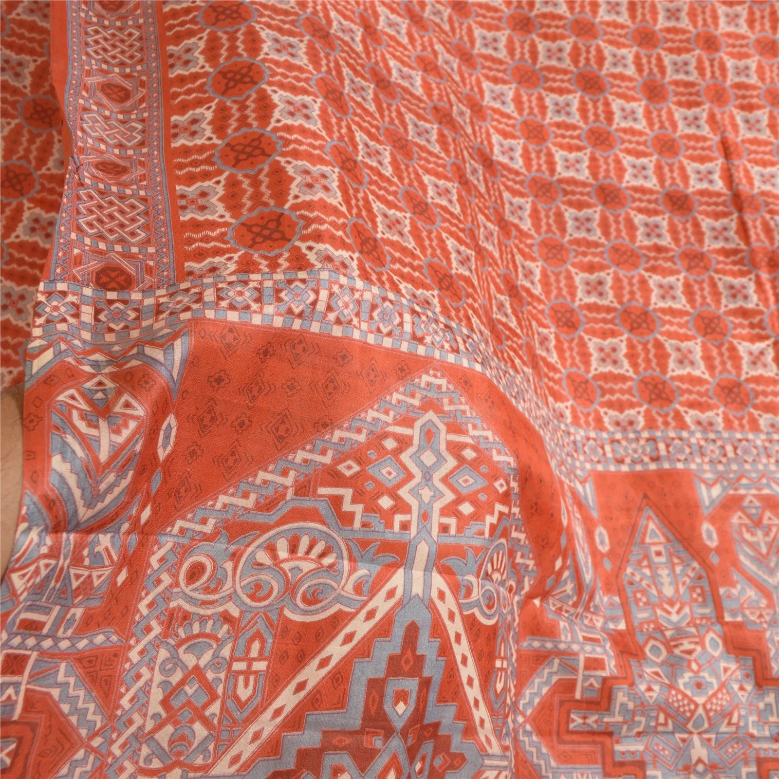 Sanskriti Vintage Sarees Indian Orange 100% Pure Silk Printed Sari Craft Fabric