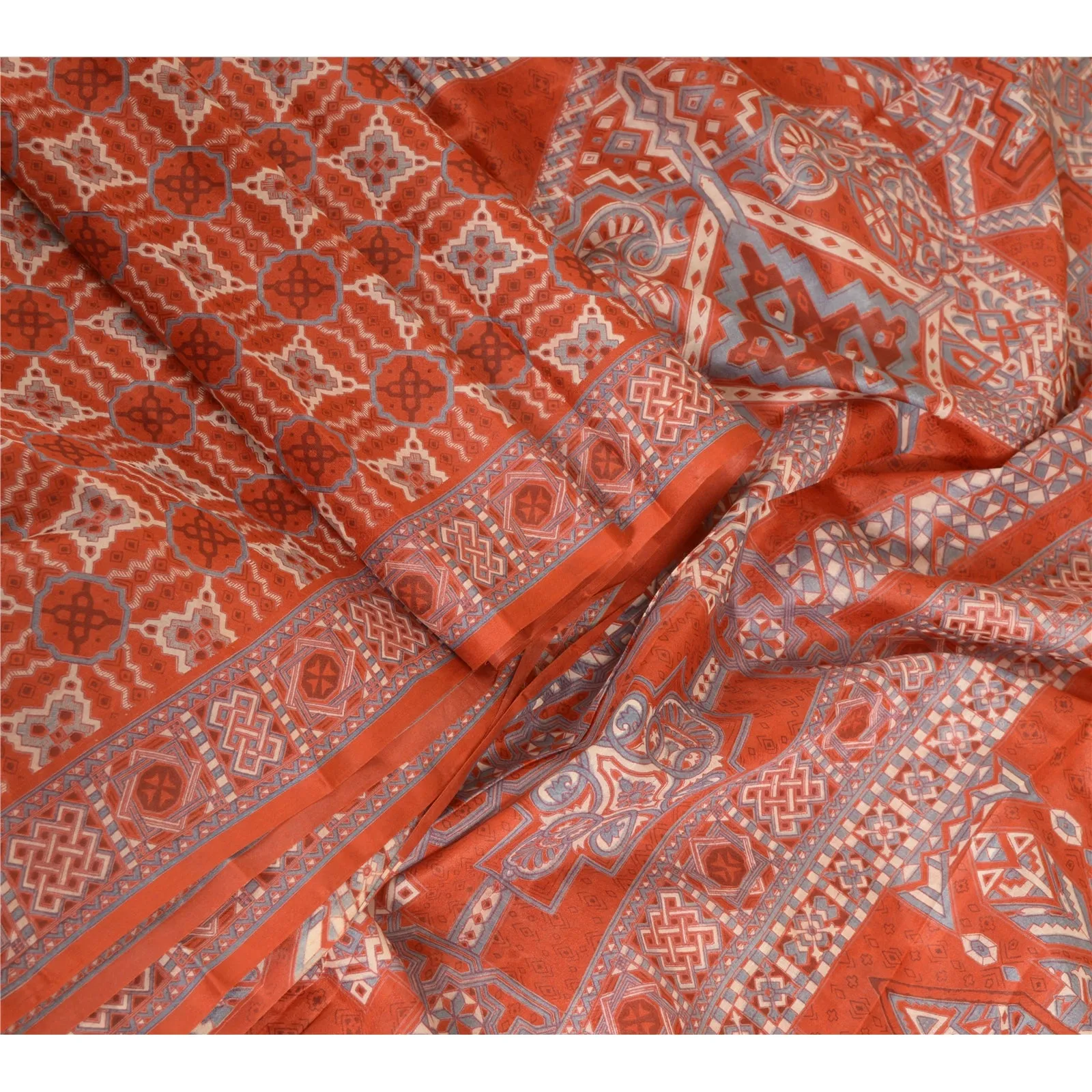 Sanskriti Vintage Sarees Indian Orange 100% Pure Silk Printed Sari Craft Fabric