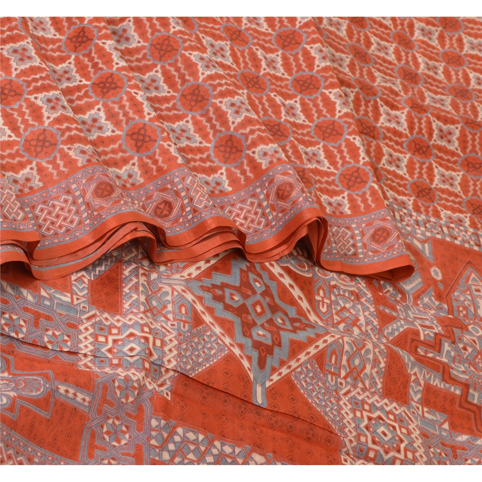 Sanskriti Vintage Sarees Indian Orange 100% Pure Silk Printed Sari Craft Fabric