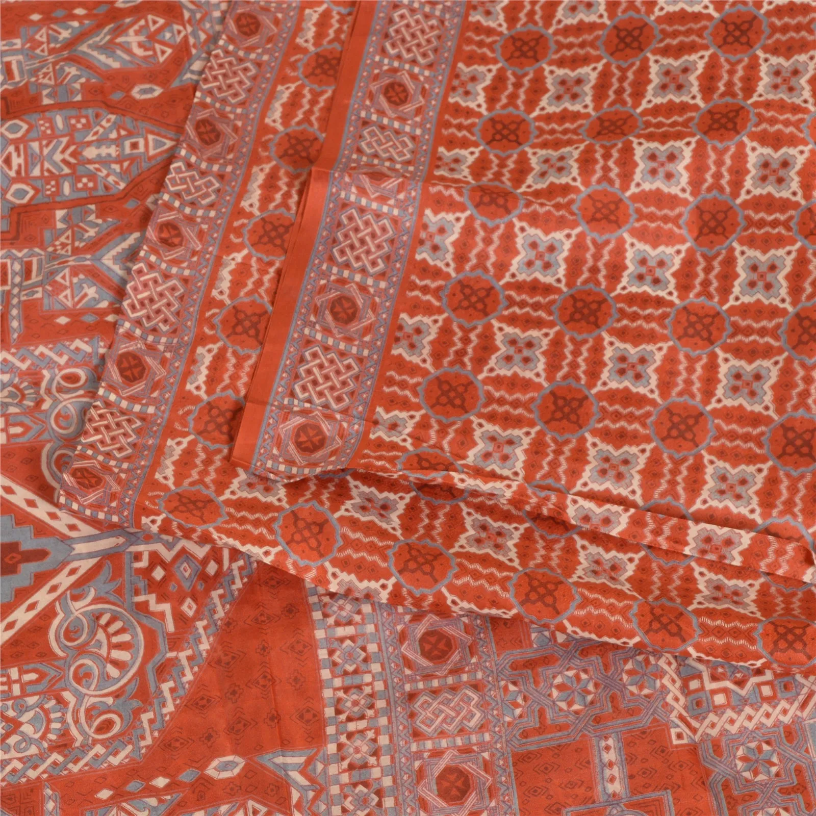 Sanskriti Vintage Sarees Indian Orange 100% Pure Silk Printed Sari Craft Fabric