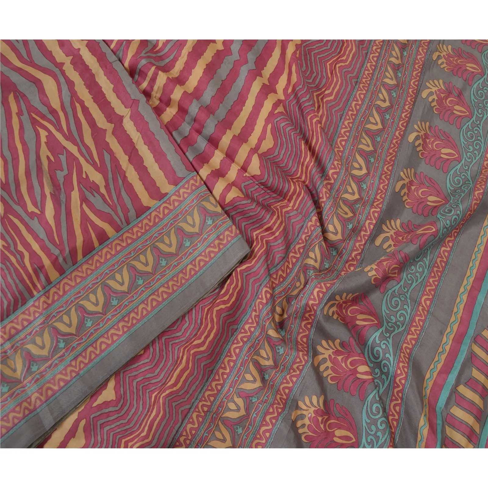 Sanskriti Vintage Sarees Indian Pink/Blue Pure Silk Printed Sari Craft Fabric