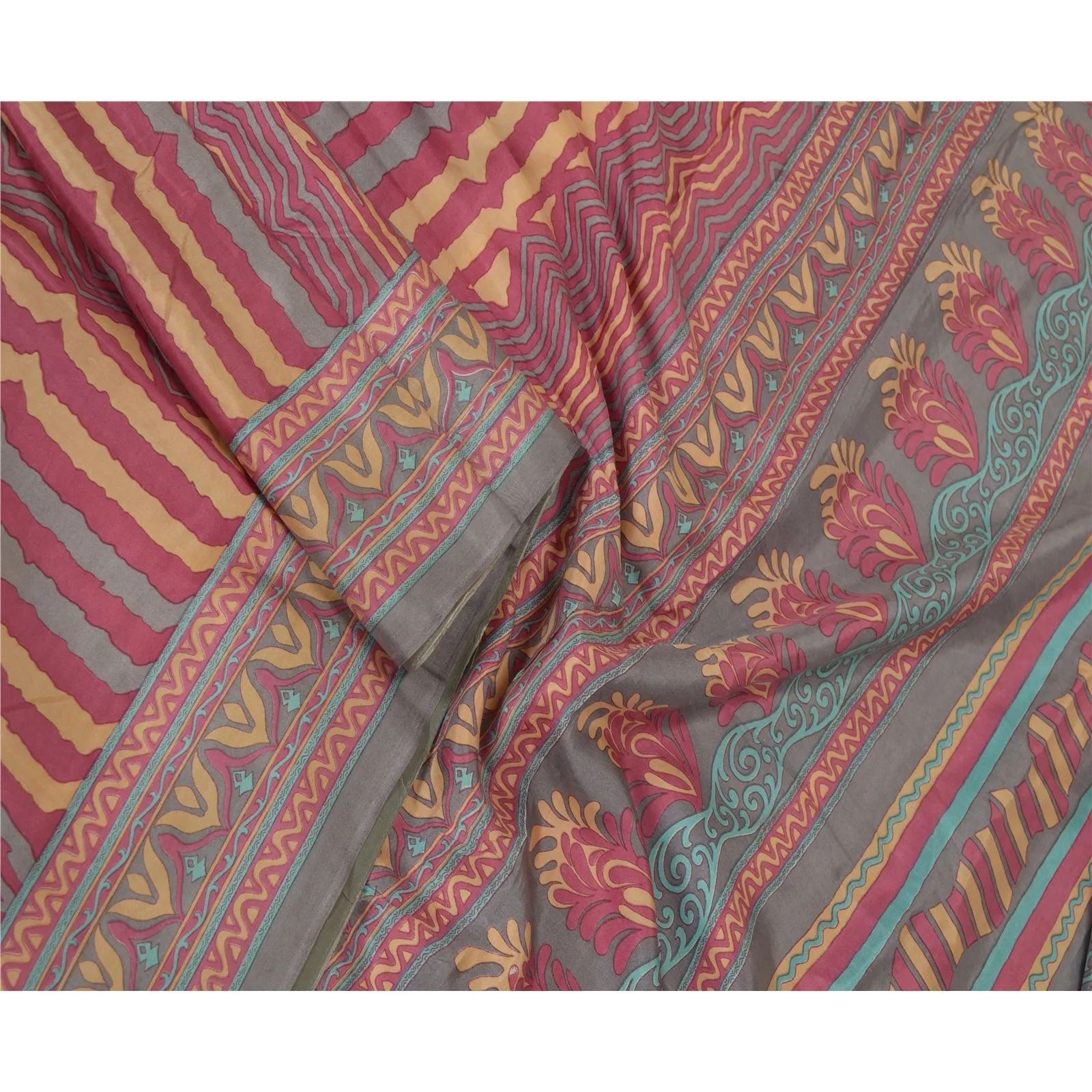 Sanskriti Vintage Sarees Indian Pink/Blue Pure Silk Printed Sari Craft Fabric