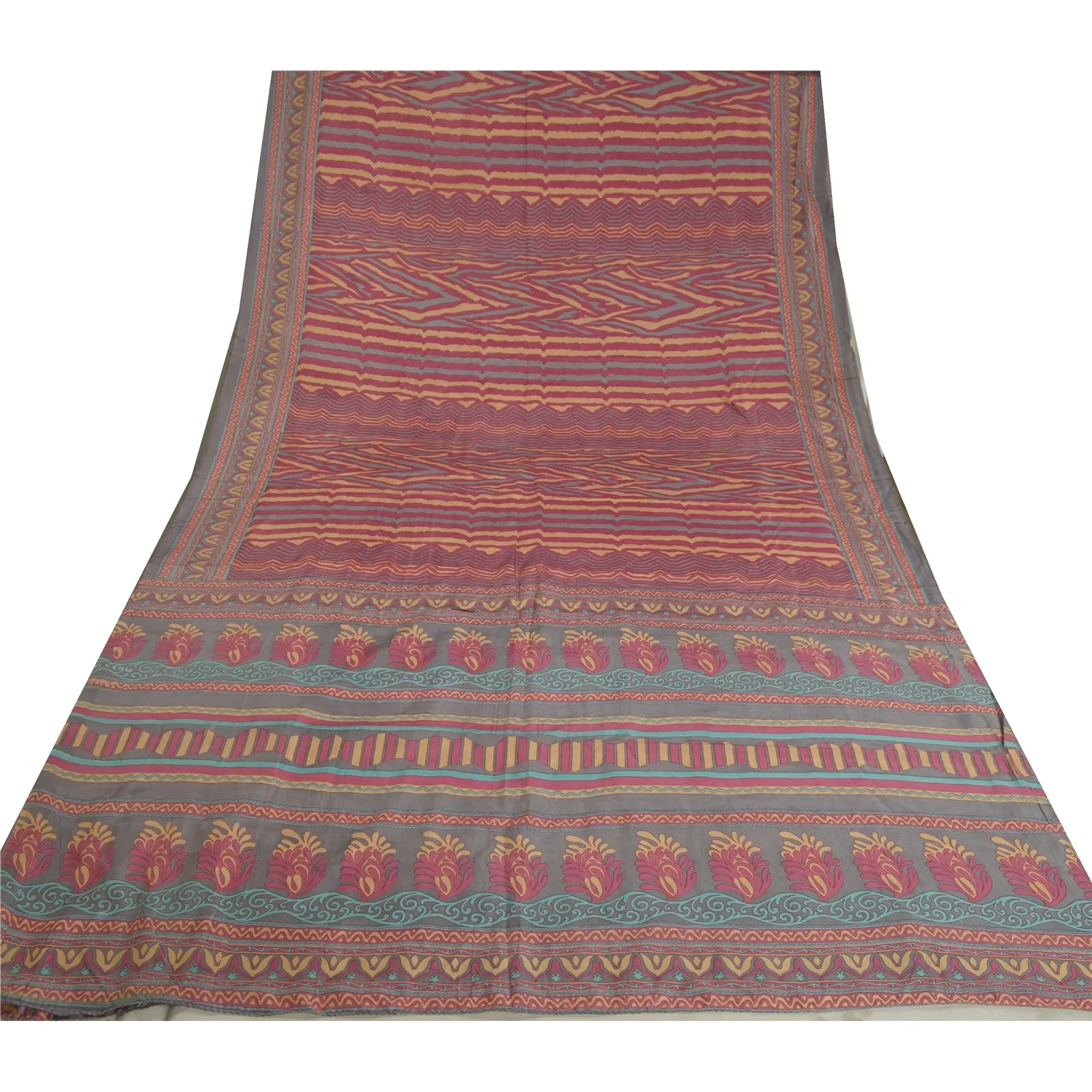 Sanskriti Vintage Sarees Indian Pink/Blue Pure Silk Printed Sari Craft Fabric