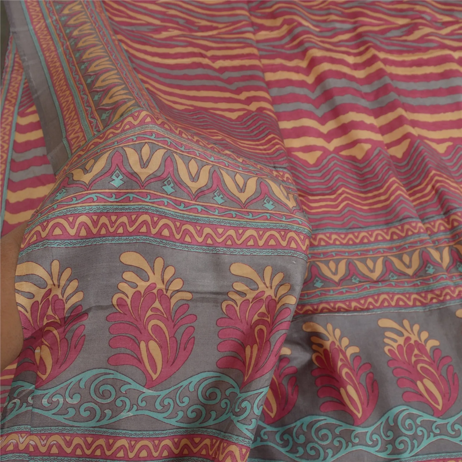 Sanskriti Vintage Sarees Indian Pink/Blue Pure Silk Printed Sari Craft Fabric