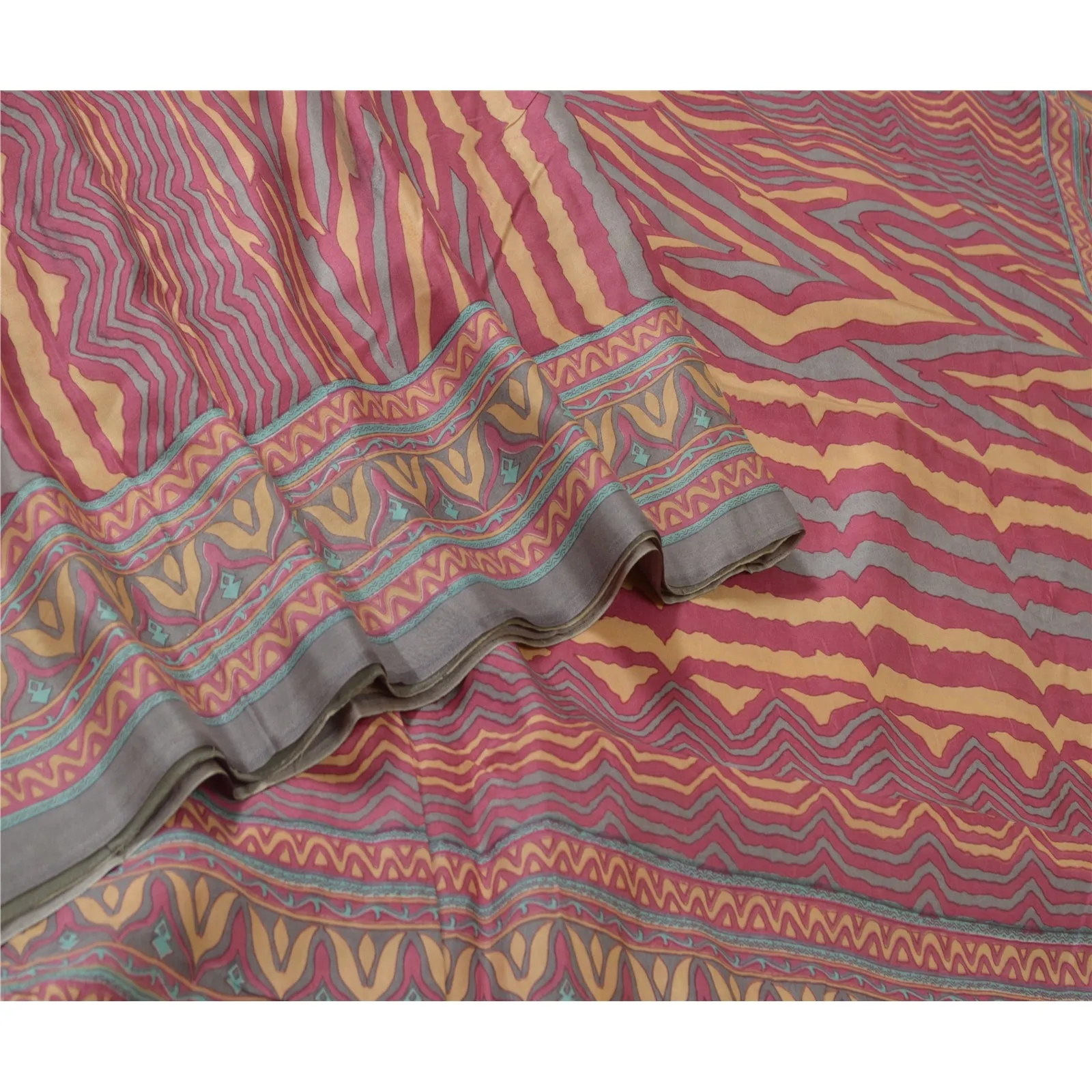 Sanskriti Vintage Sarees Indian Pink/Blue Pure Silk Printed Sari Craft Fabric