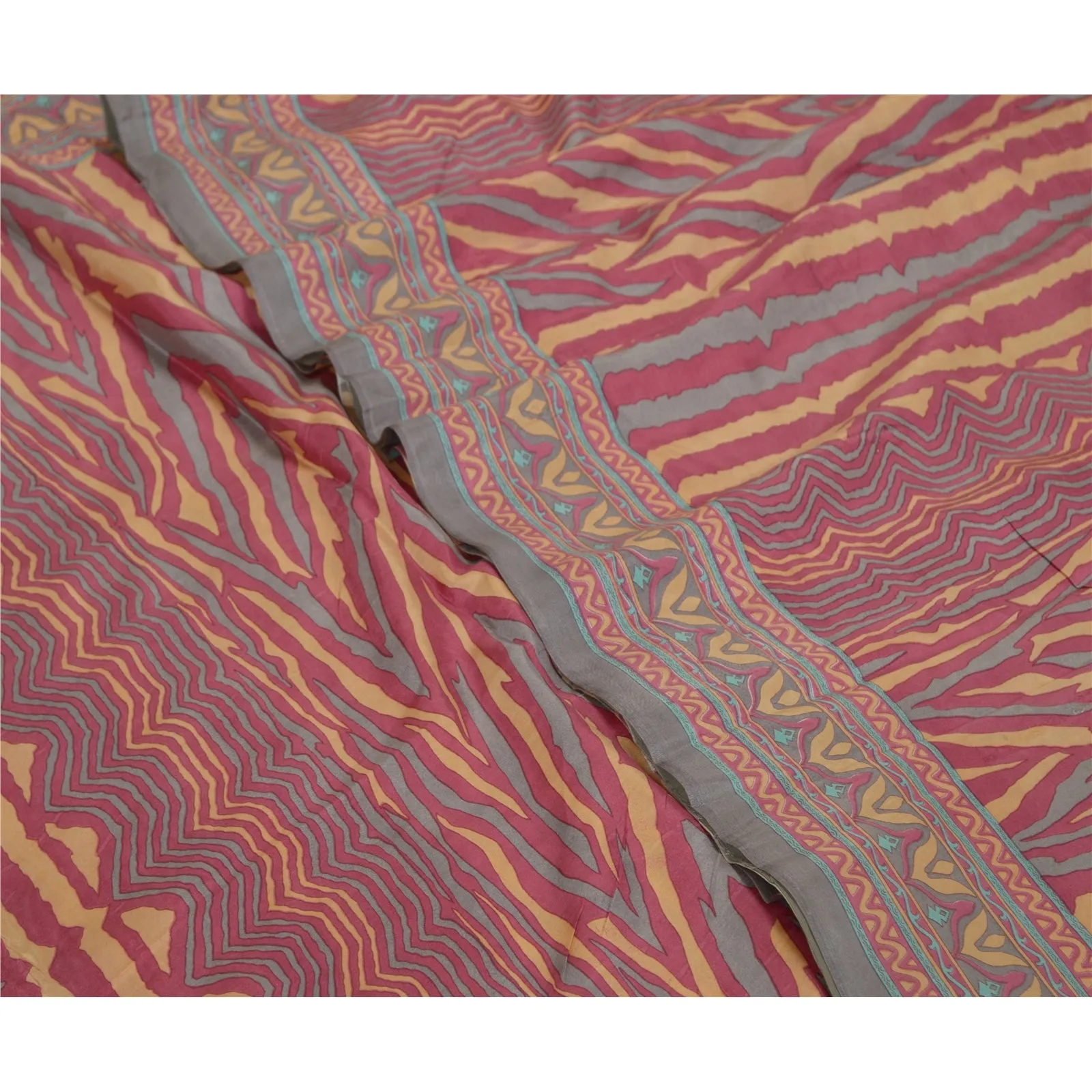 Sanskriti Vintage Sarees Indian Pink/Blue Pure Silk Printed Sari Craft Fabric