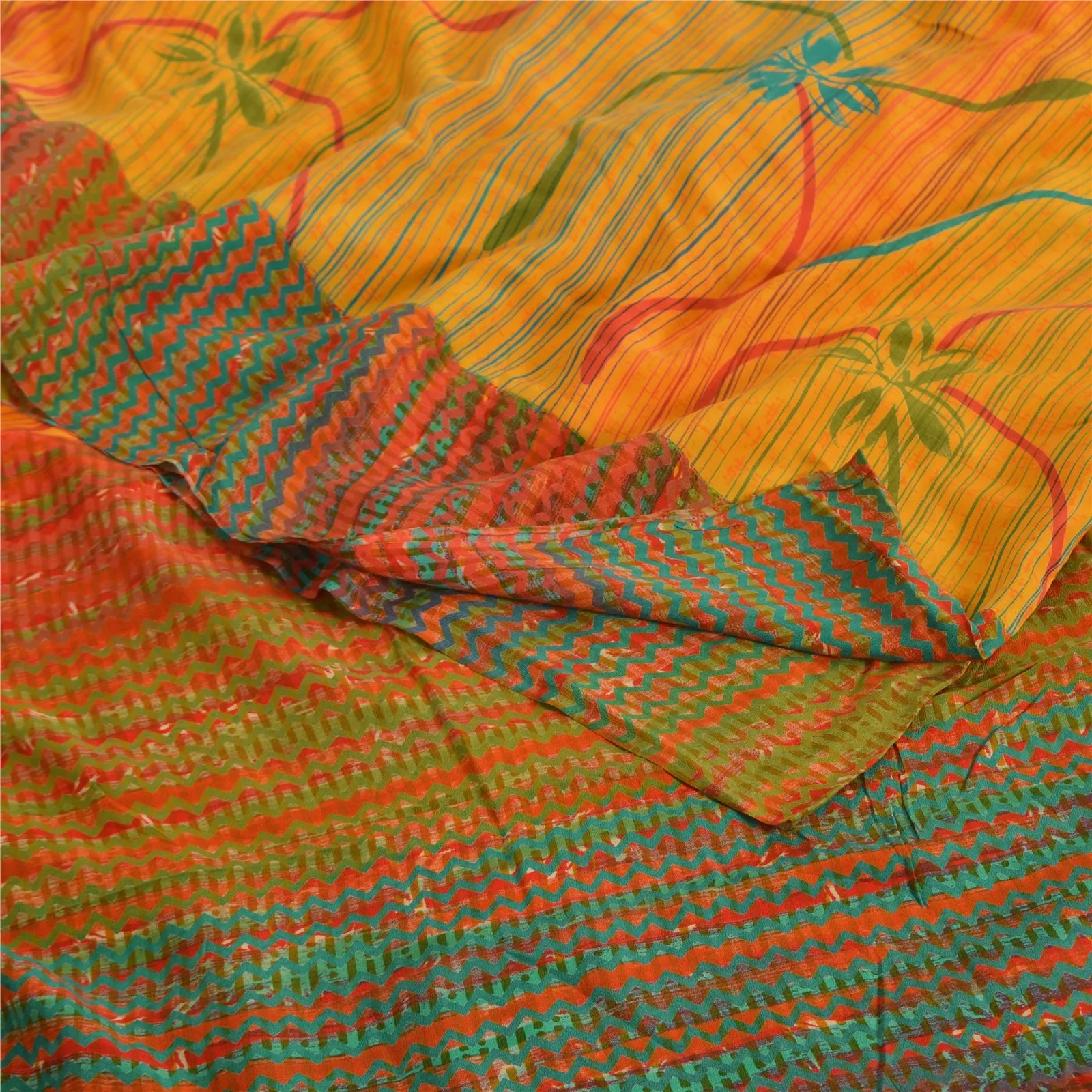 Sanskriti Vintage Sarees Indian Yellow Pure Crepe Silk Printed Sari Craft Fabric