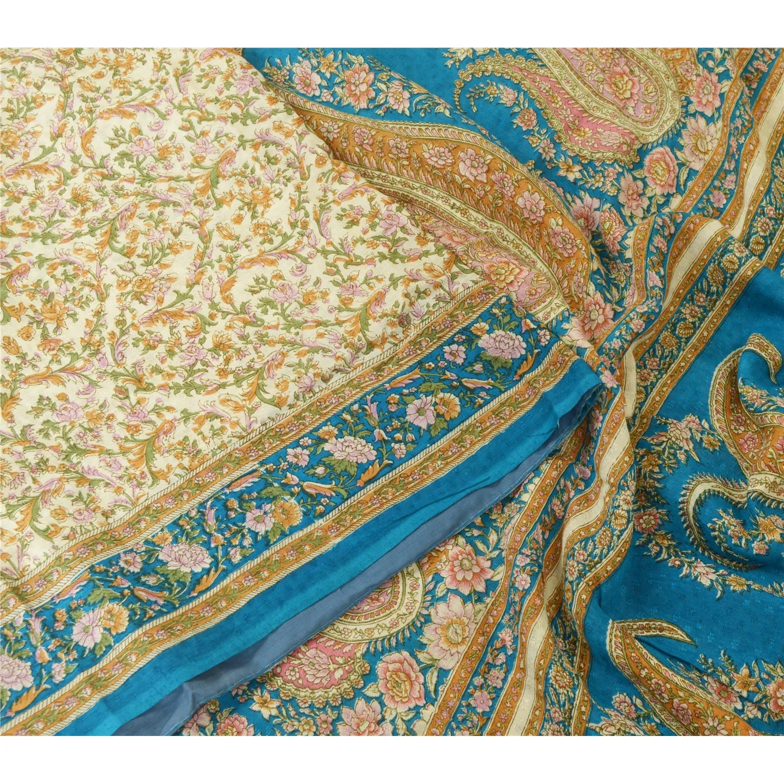 Sanskriti Vintage Sarees Ivory/Blue Pure Silk Printed Sari Soft 5yd Craft Fabric