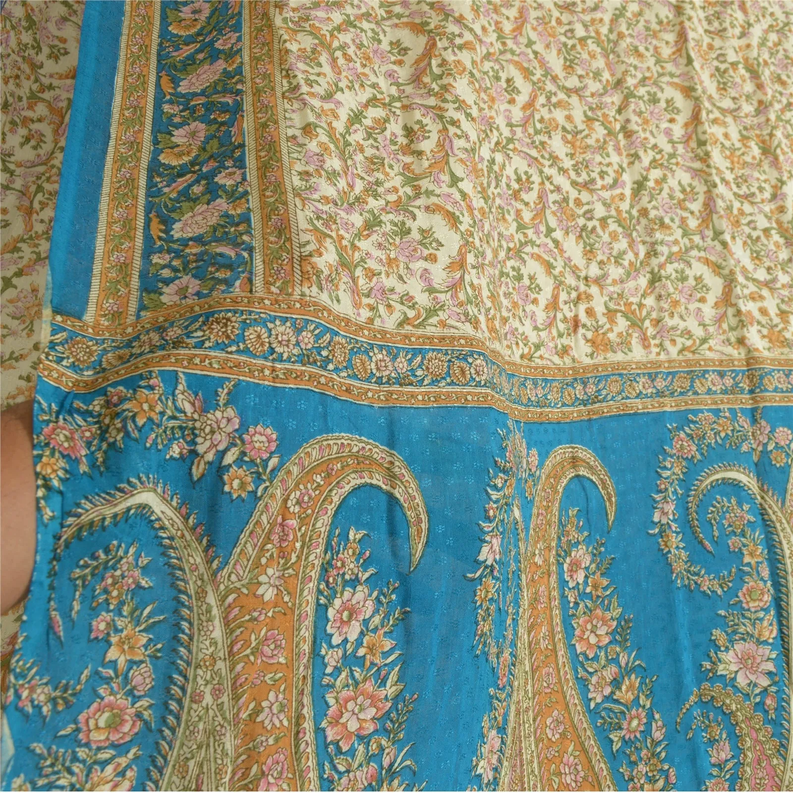 Sanskriti Vintage Sarees Ivory/Blue Pure Silk Printed Sari Soft 5yd Craft Fabric