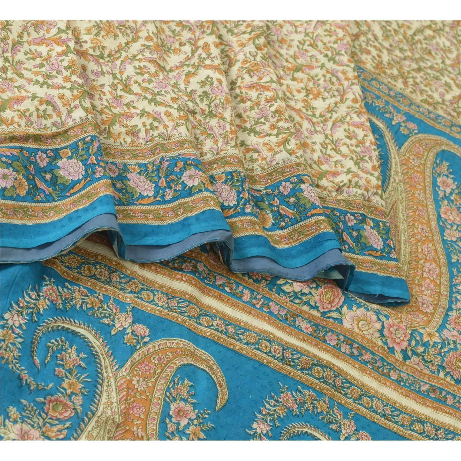 Sanskriti Vintage Sarees Ivory/Blue Pure Silk Printed Sari Soft 5yd Craft Fabric