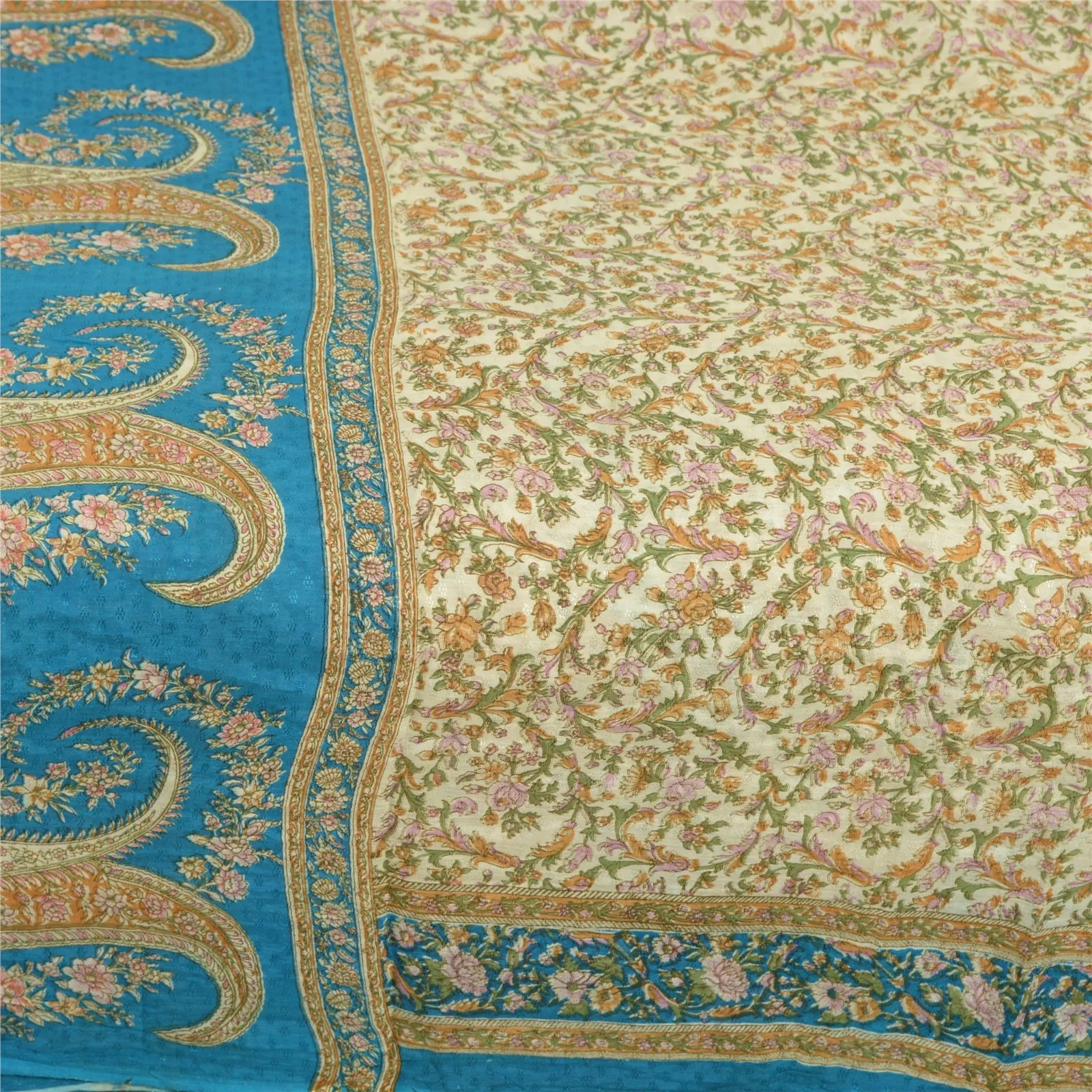 Sanskriti Vintage Sarees Ivory/Blue Pure Silk Printed Sari Soft 5yd Craft Fabric